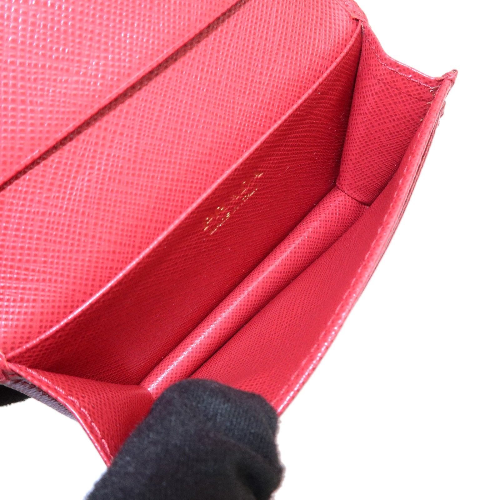 PRADA Logo Saffiano Leather Card Case Red Gold 1MC122