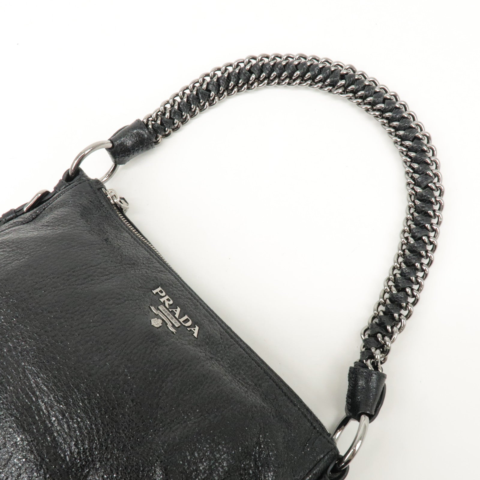 PRADA Logo Leather Chain Shoulder Bag Hand Bag Black BR4370 Used