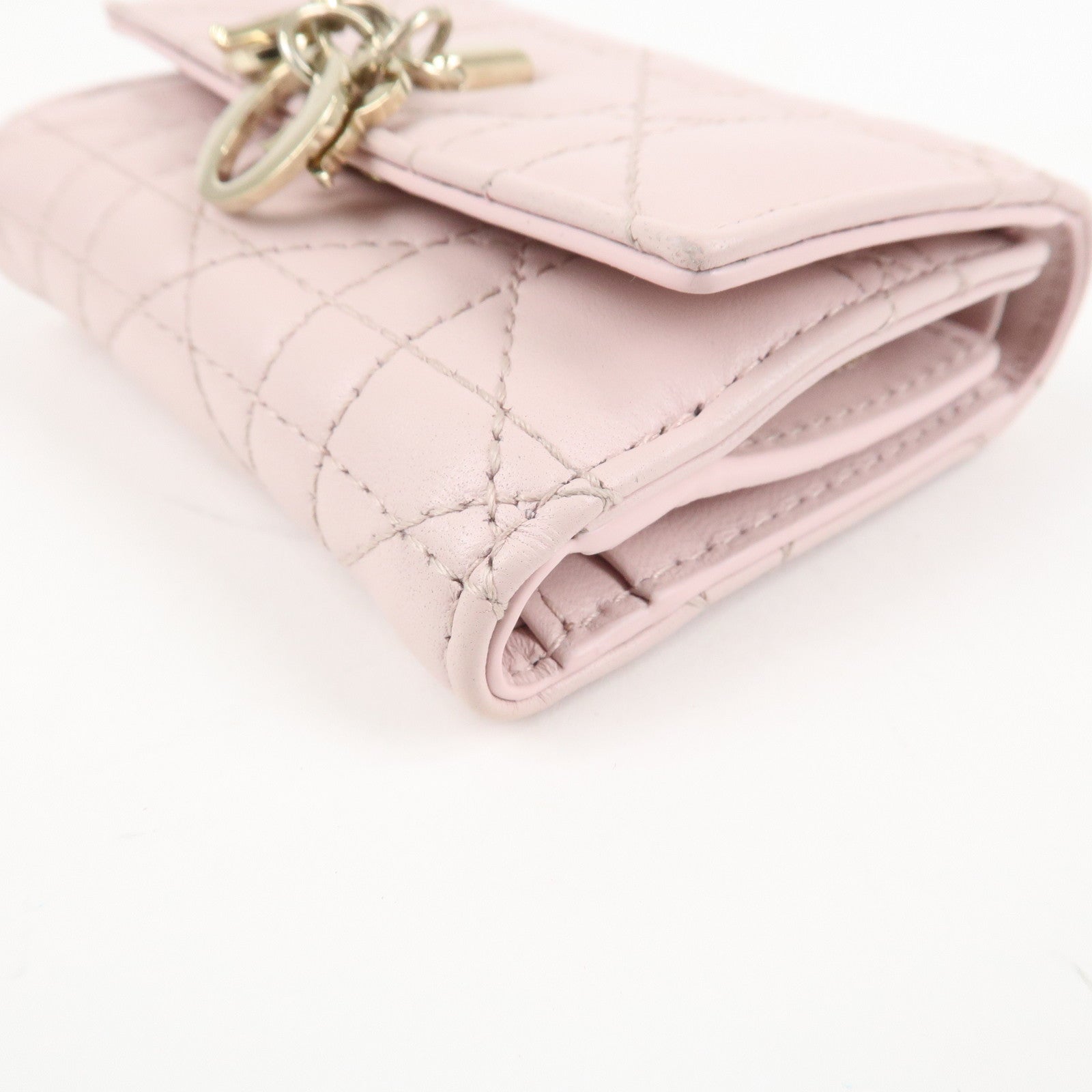 Christian Dior Cannage Leather Compact Wallet Pink Used