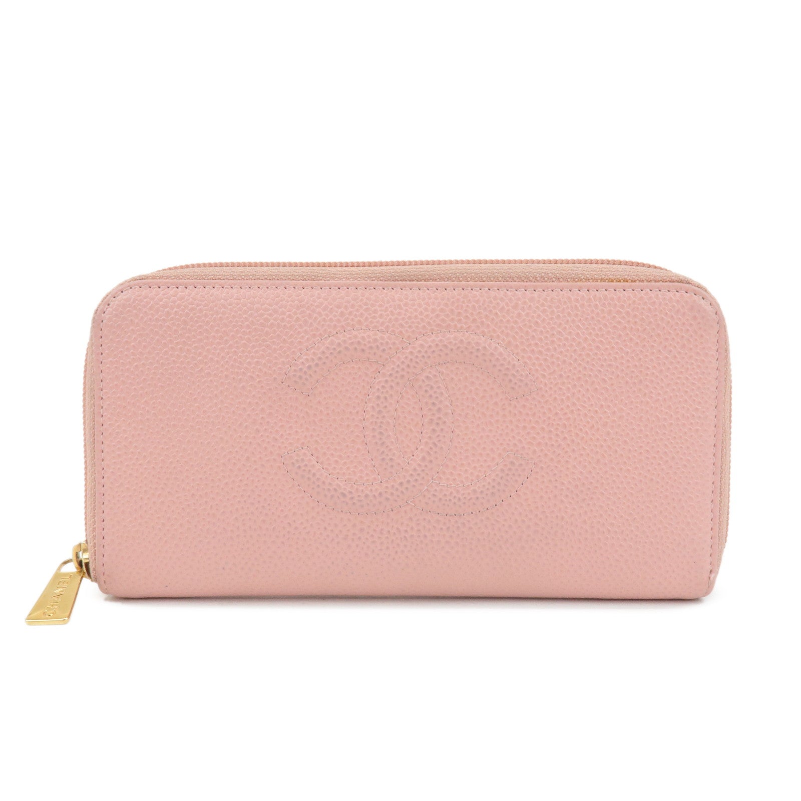 CHANEL COCO Mark Caviarskin Zip Around Long Wallet Pink A50071 Used