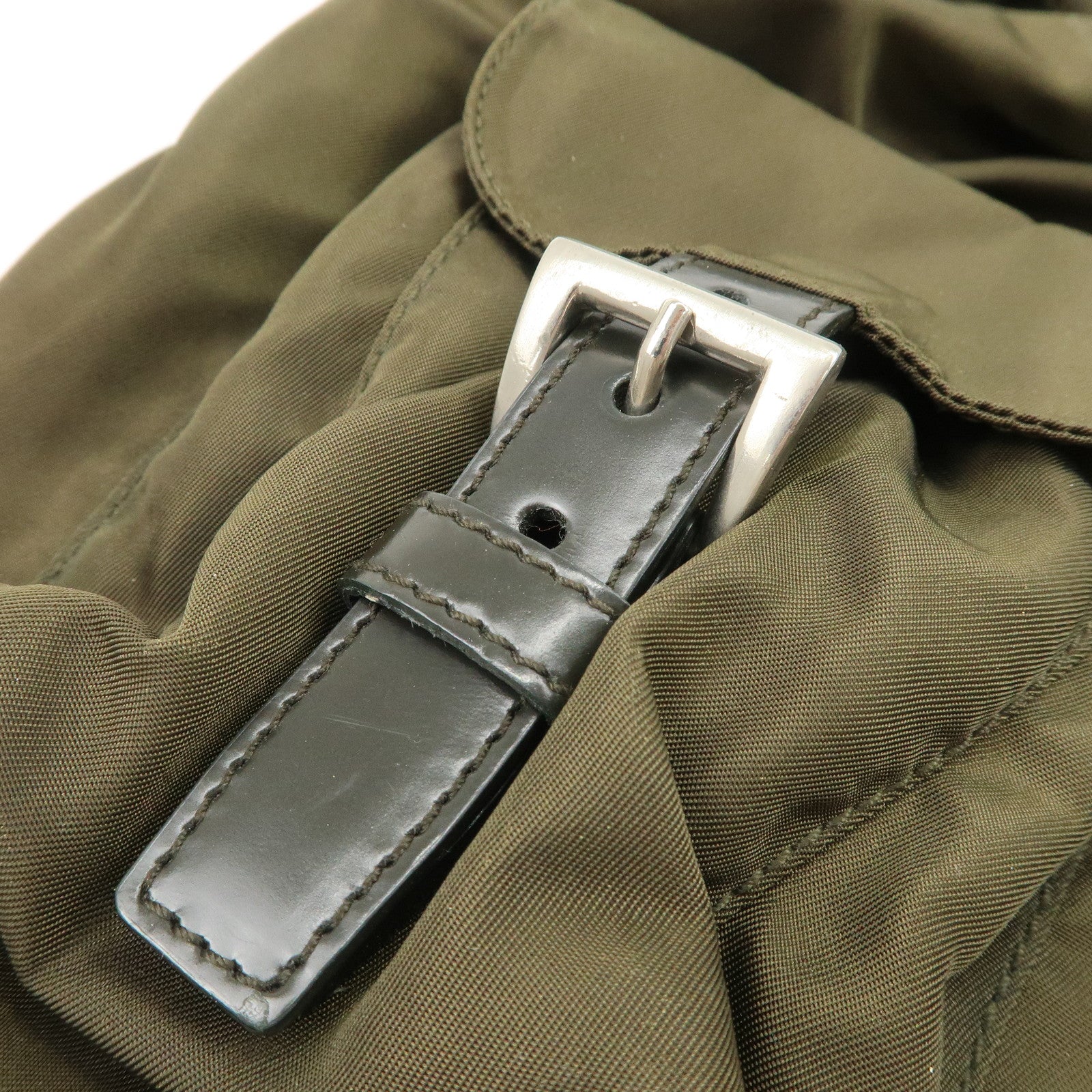 PRADA Triangle Logo Nylon Leather Backpack Ruck Sack Khaki B6677 Used