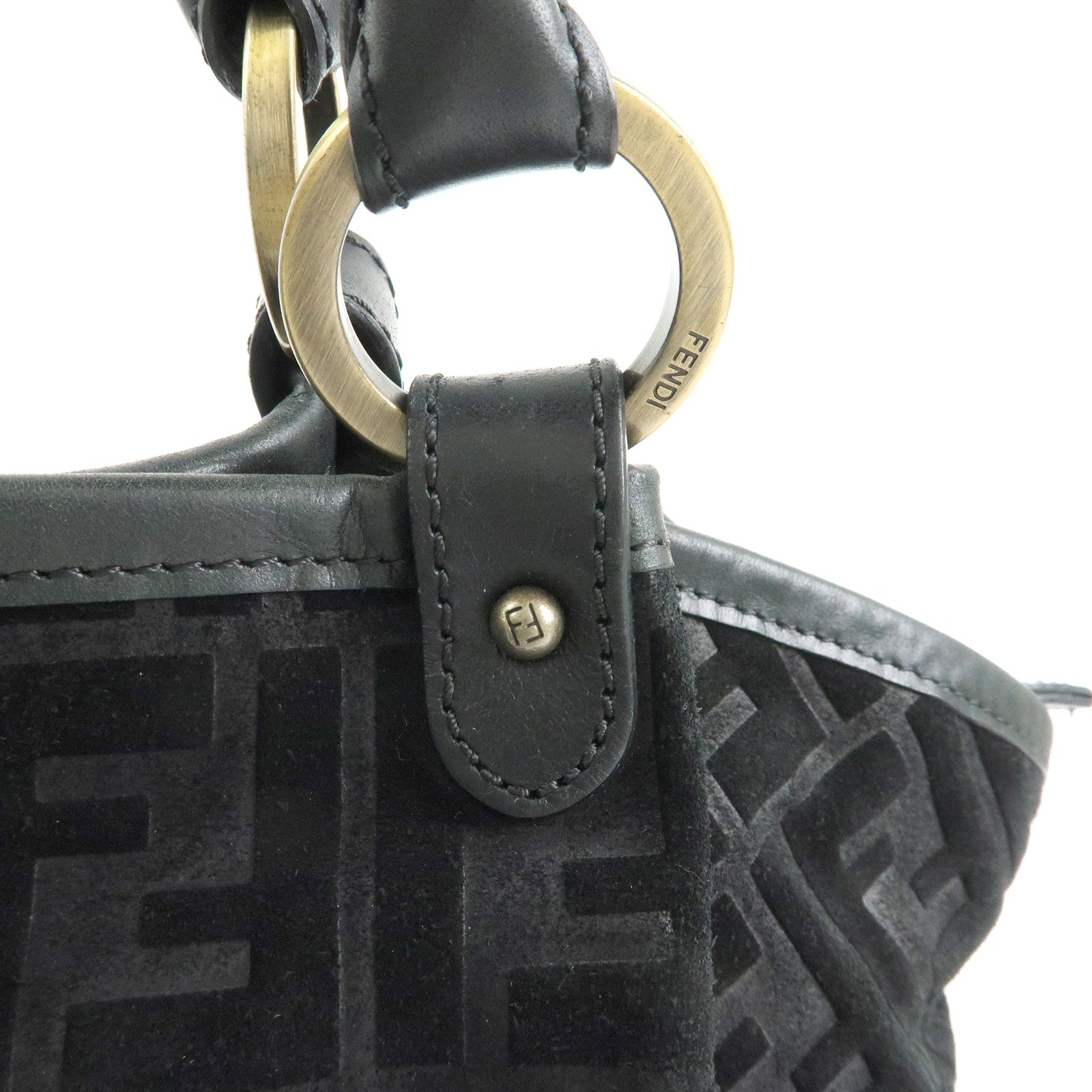 FENDI Zucca Suede Leather Gathered Shoulder Bag Black 8BH186