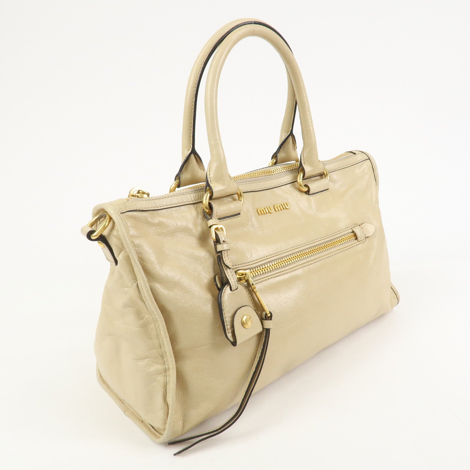 MIU MIU Logo Leather 2Way Bag Hand Bag Shoulder Bag Beige