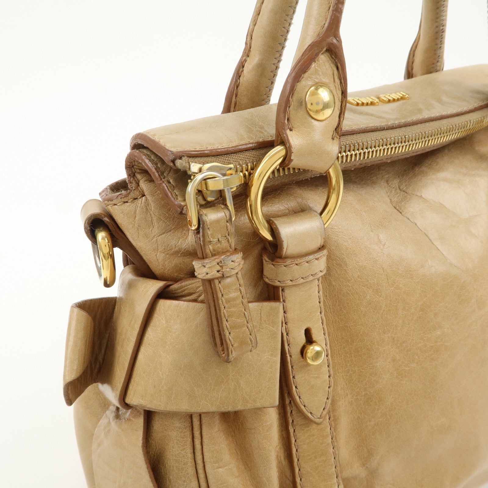 MIU MIU Logo Leather 2Way Bag Hand Bag Shoulder Bag Beige RT0438