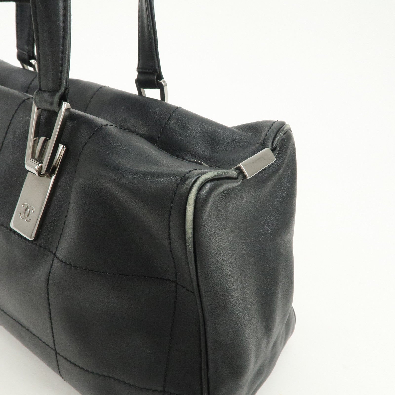 CHANEL Chocolate Bar Lamb Skin Mini Boston Bag Hand Bag Black