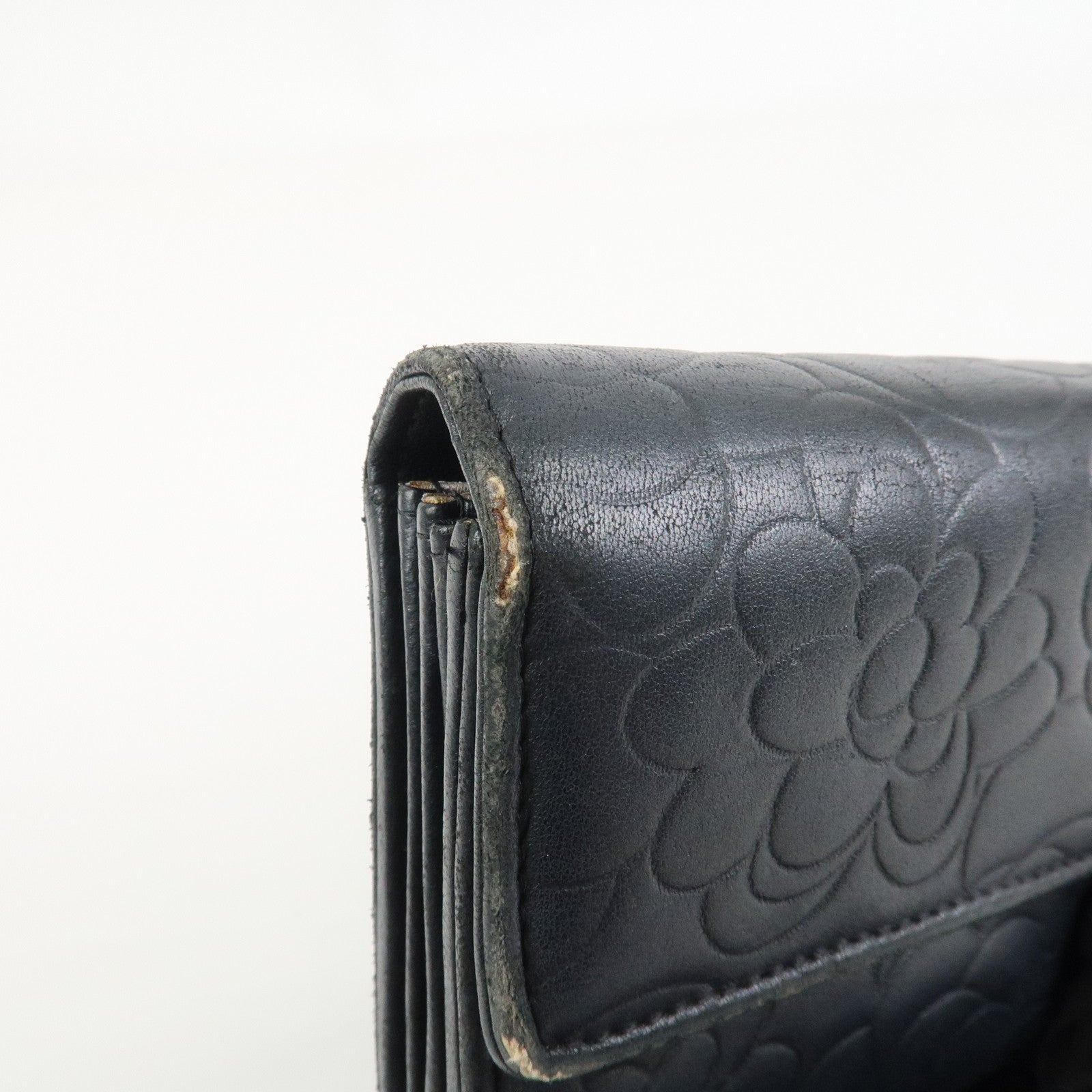 CHANEL Camellia Lambskin Long Wallet Black Silver