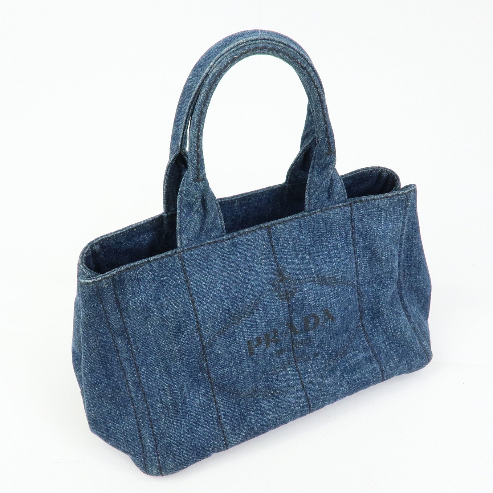 PRADA Triangle Logto Canapa Denim Tote Bag Hand Bag Blue B1877B