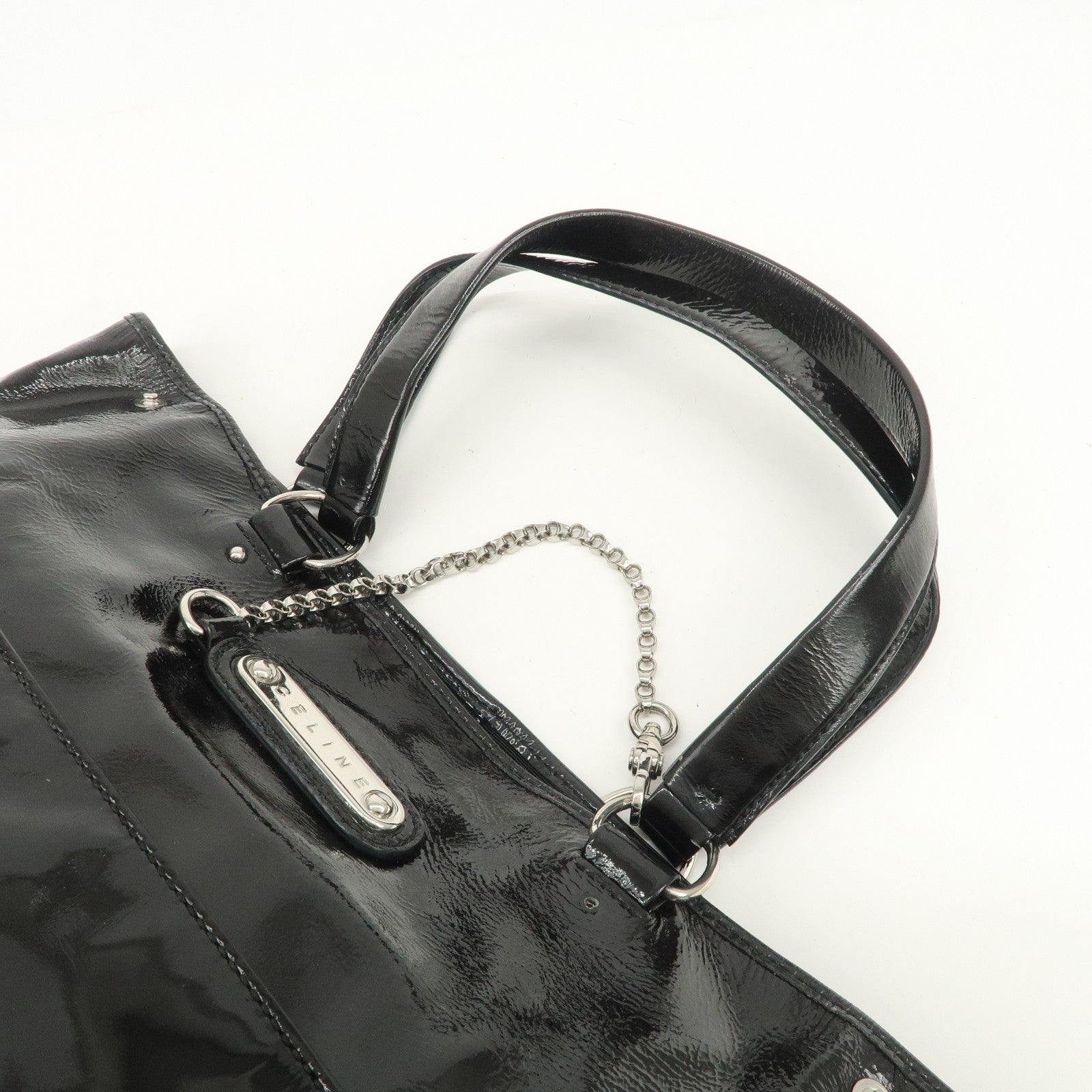 CELINE Logo Patent Leather Tote Bag Hand Bag Shoulder Bag Black