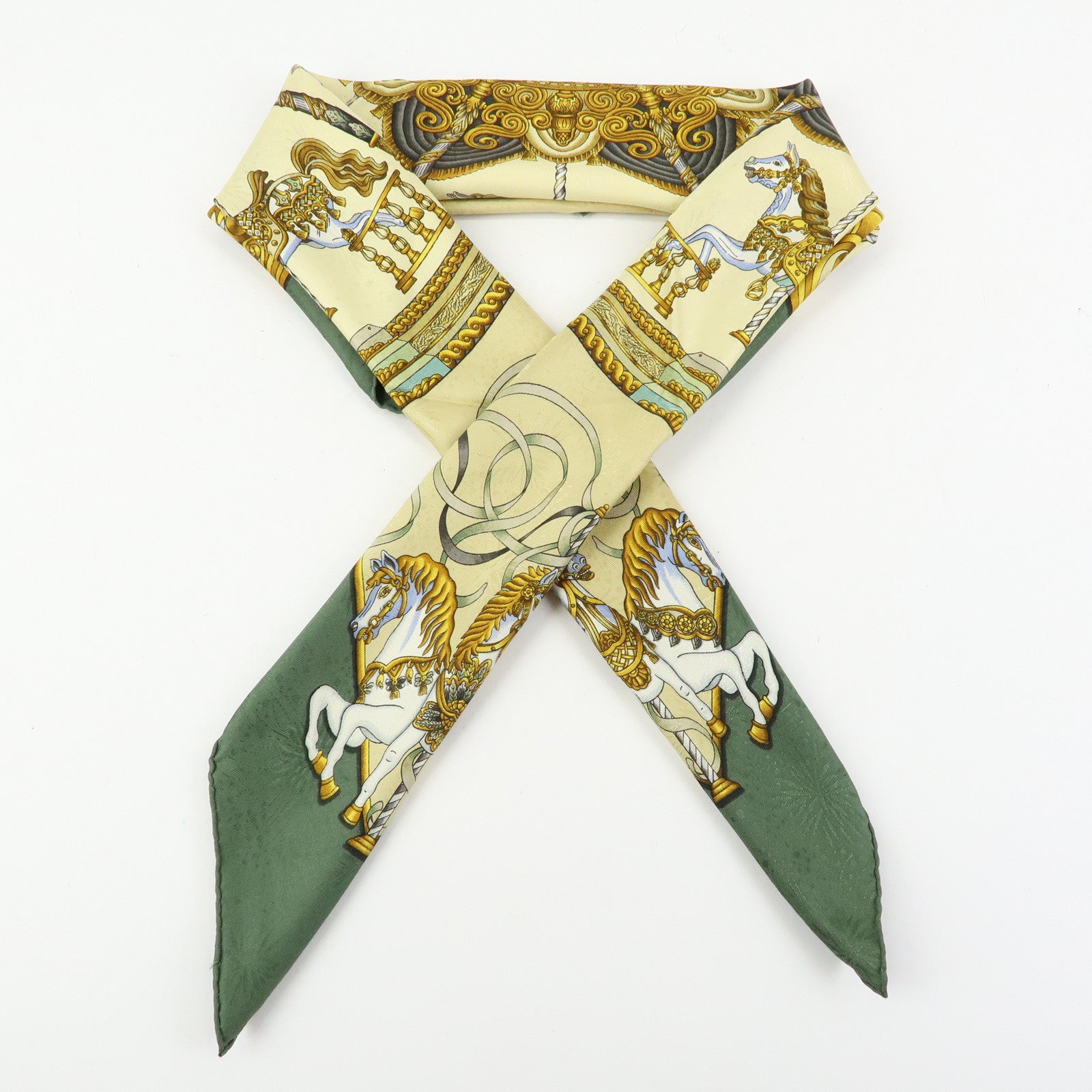 HERMES Carre 90 Silk 100% Scarf LUNA PARK Carousel Print Gold Green