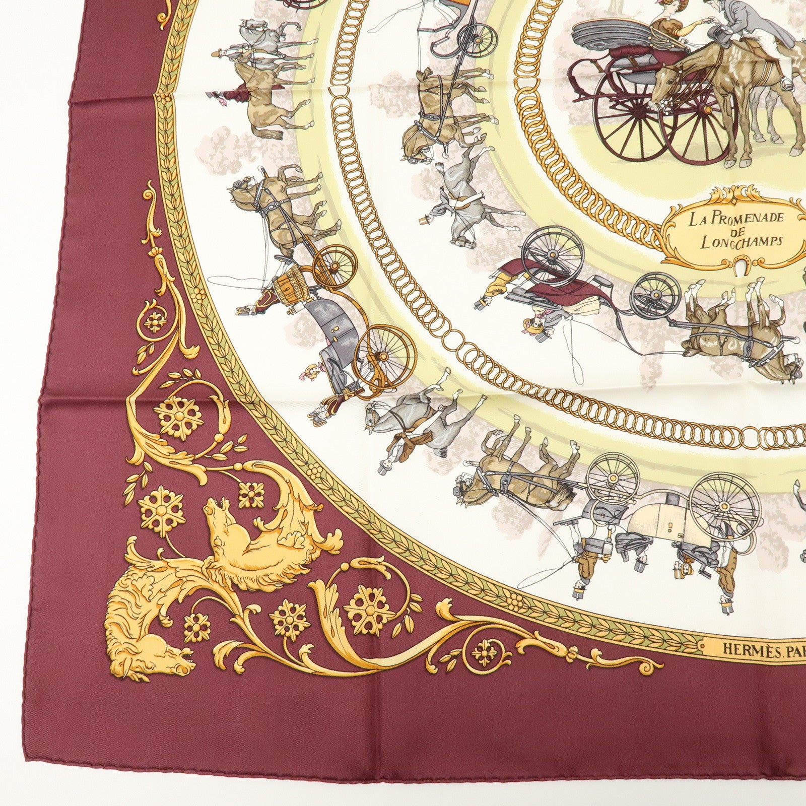 HERMES Carre 90 Silk 100% LA PROMENADE DE LONGCHAMPS Scarf Wine Red