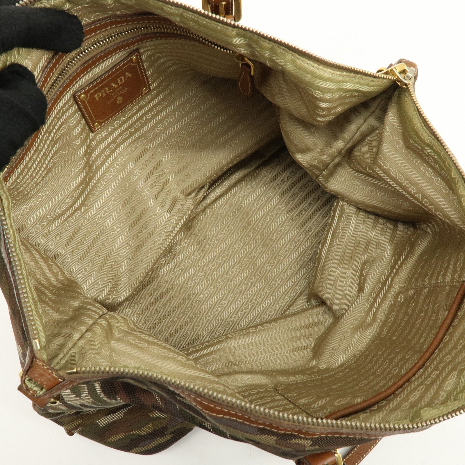 PRADA Canvas Leather Tote Bag Shoulder Bag Camouflage Brown Khaki