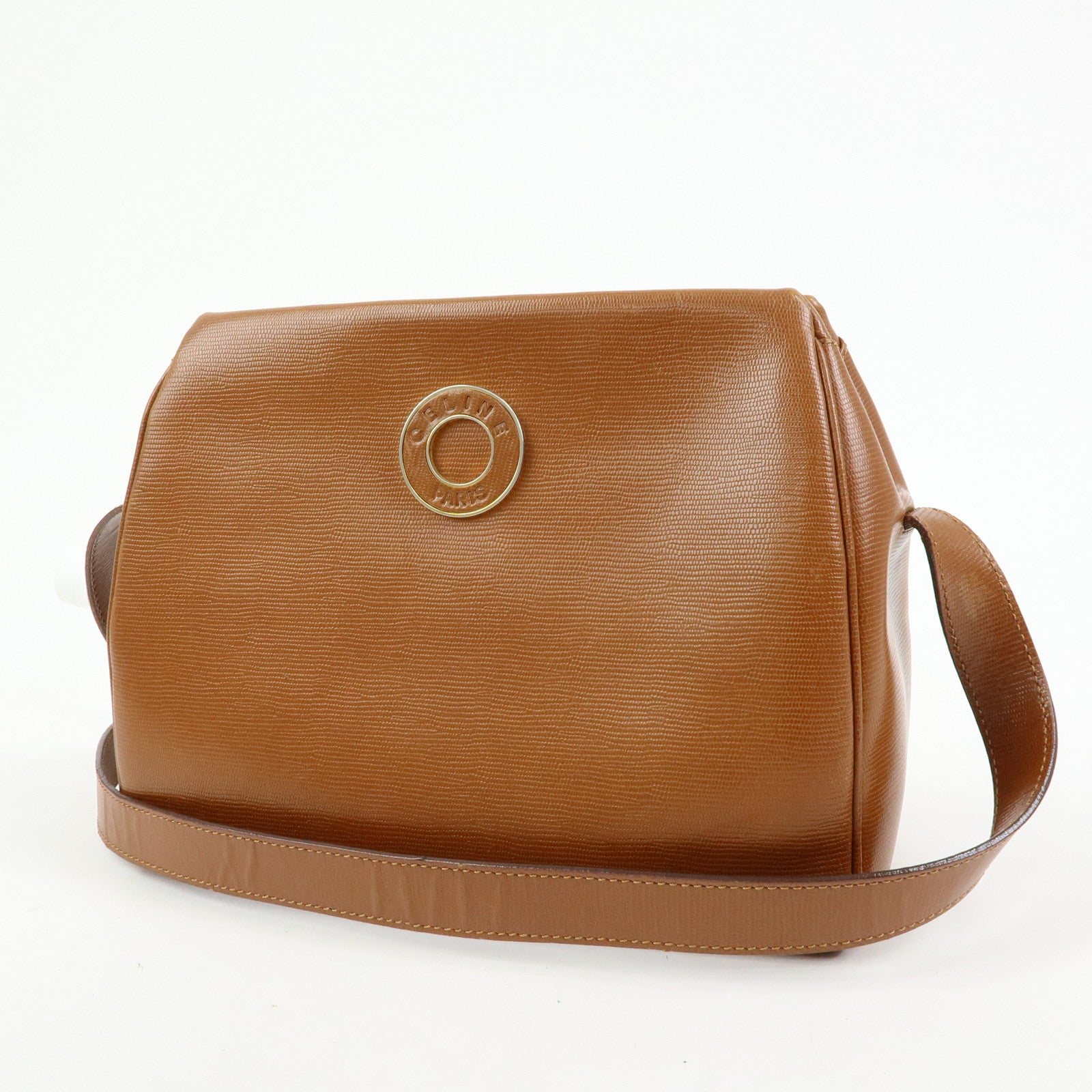 CELINE Ring Logo Leather Shoulder Bag Crossbody Bag Camel