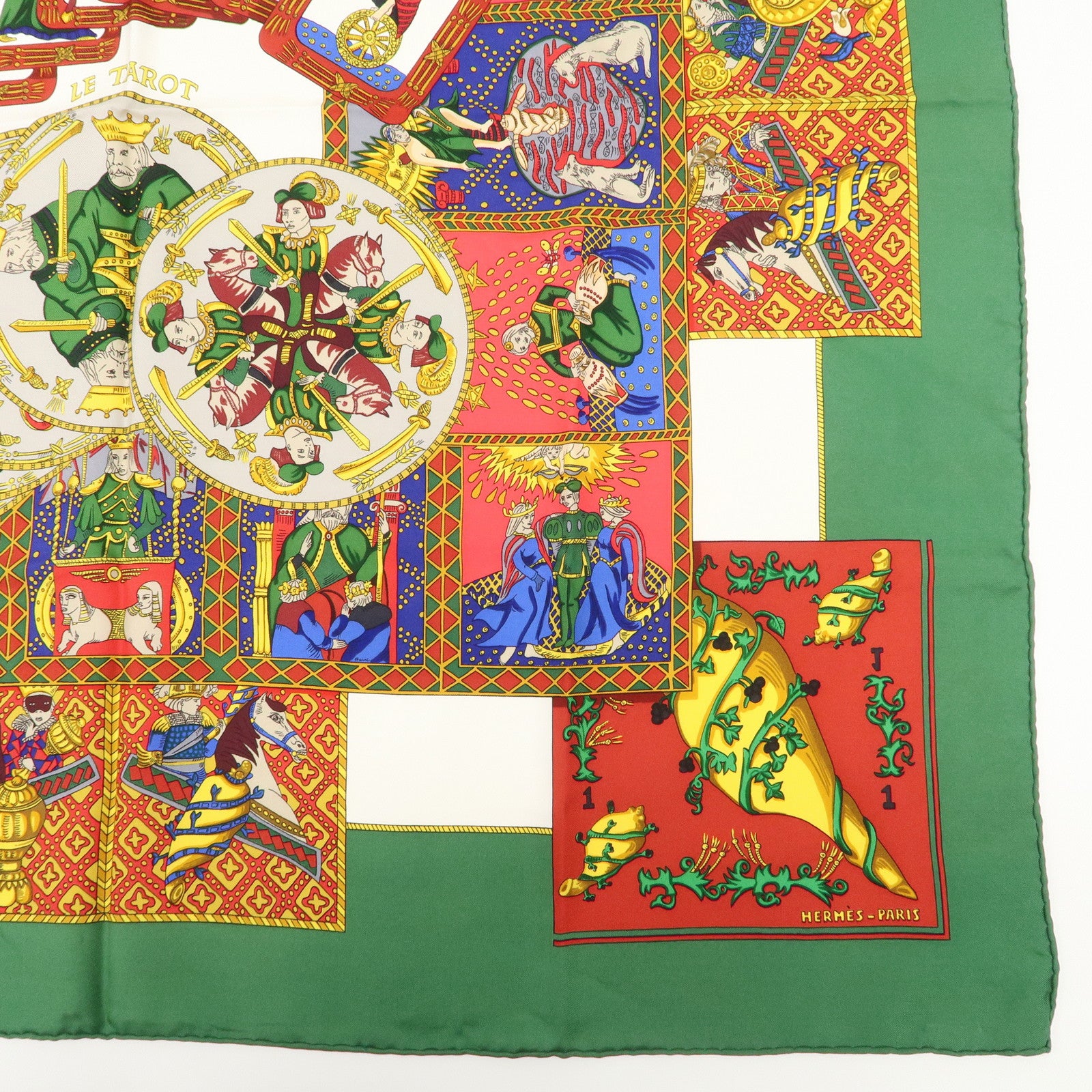 HERMES Carre 90 Silk 100% Scarf LE TAROT Green Multi Color