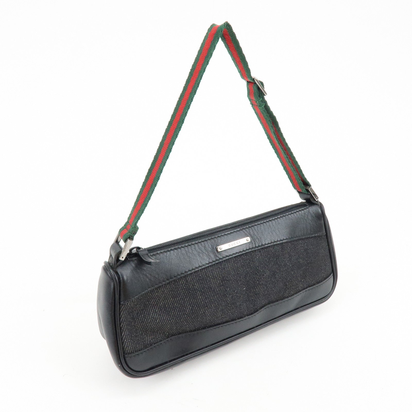 GUCCI Sherry Leather Denim Accessory Pouch Hand Bag Black 92820