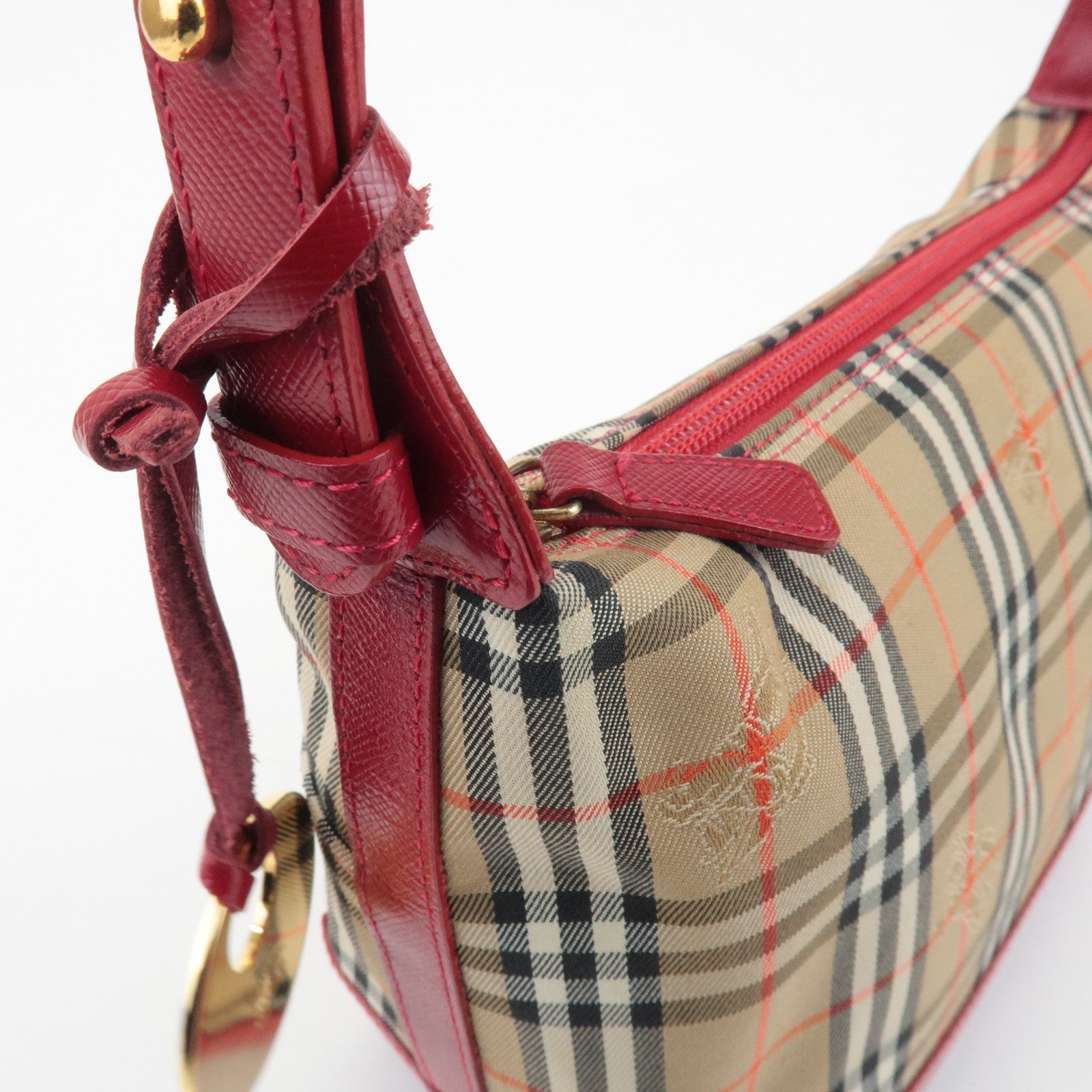 BURBERRY Nova Plaid Canvas Leather Shoulder Bag Red Used
