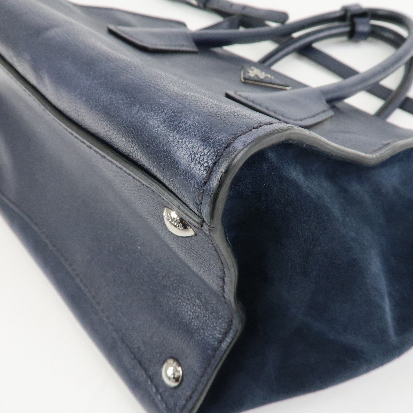 PRADA Triangle Logo Leather 2Way Bag Tote Bag Hand Bag Navy B2625M