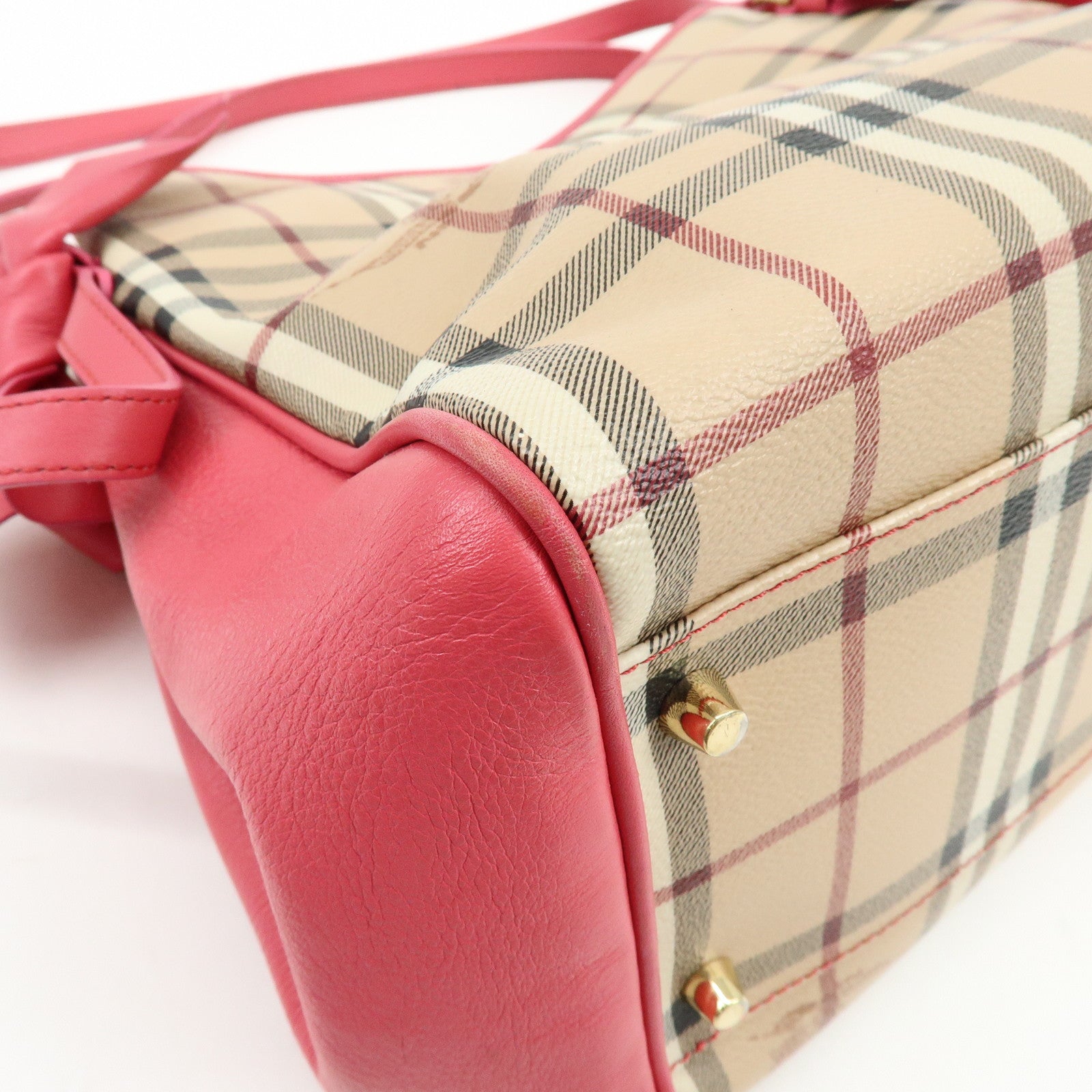 BURBERRY Side Ribbon PVC Leather Hand Bag Nova Plaid Brown Pink