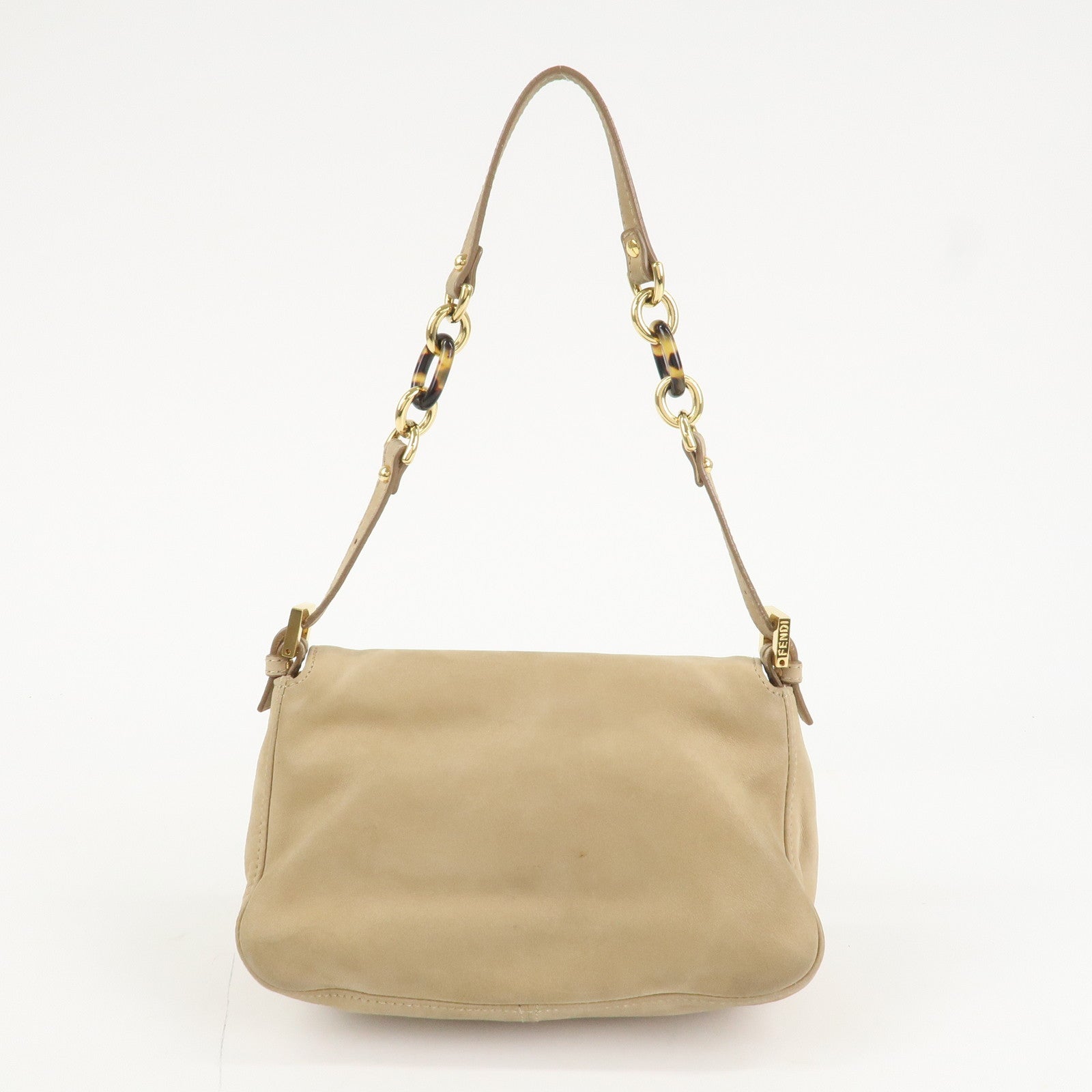 FENDI Mamma Baguette Leather Chain Shoulder Bag Beige 8BR180 Used