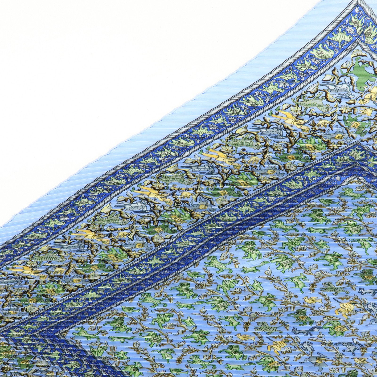 HERMES Pleats Carre Silk 100% Scarf CHASSE EN INDE Blue