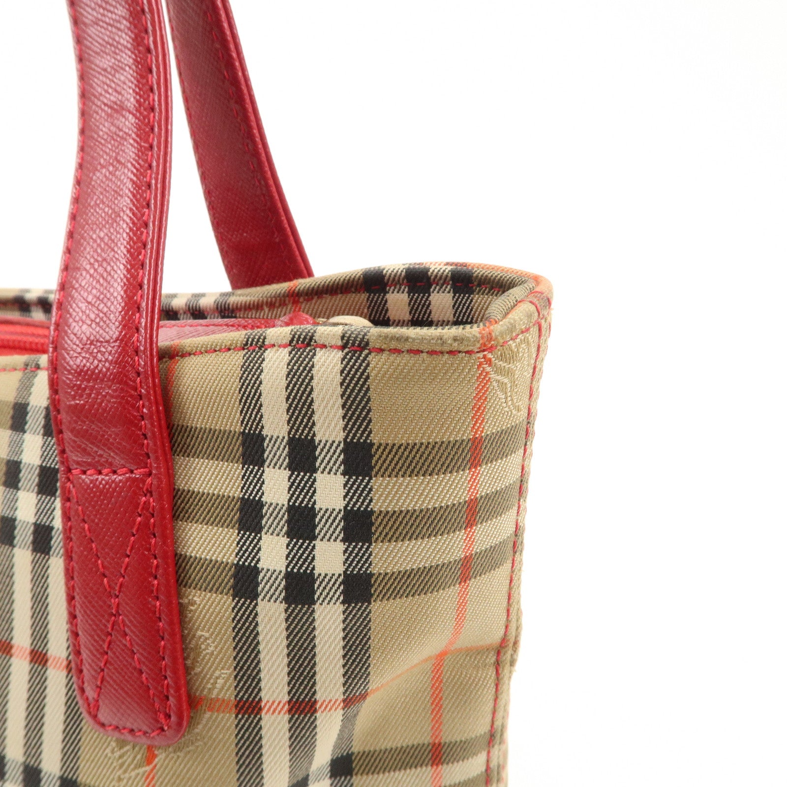 BURBERRY Leather Canvas Tote Bag Hand Bag Nova Plaid Red Beige Used