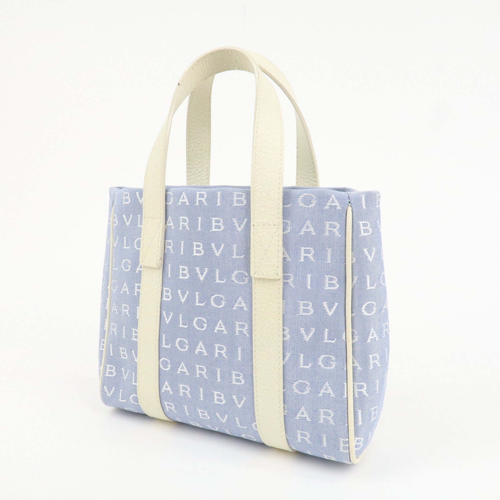 BVLGARI Logo Mania Canvas Leather Tote Bag Hand Bag Light Blue