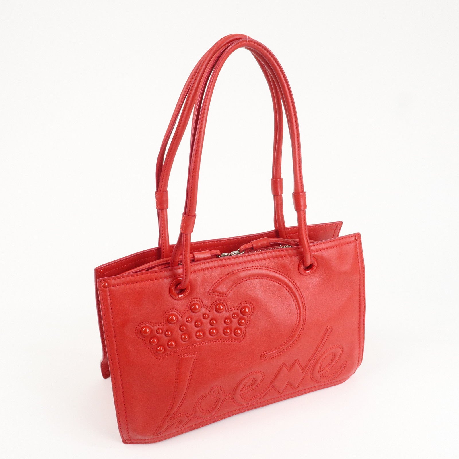LOEWE Leather Tote Bag Shoulder Bag Hand Bag Red Used