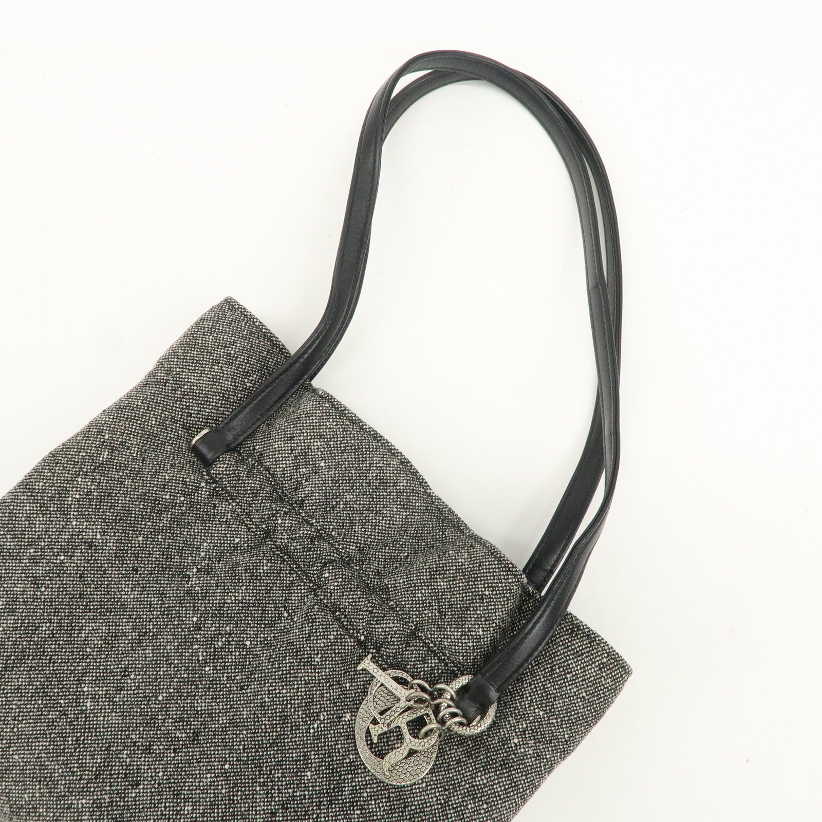 Christian Dior Logo Tweed Leather Shoulder Bag Hand Bag Black