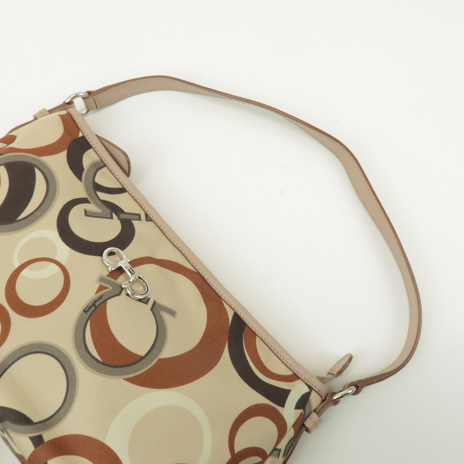 Ferragamo Gancini Nylon Leather Hand Bag Shoulder Bag Beige Brown
