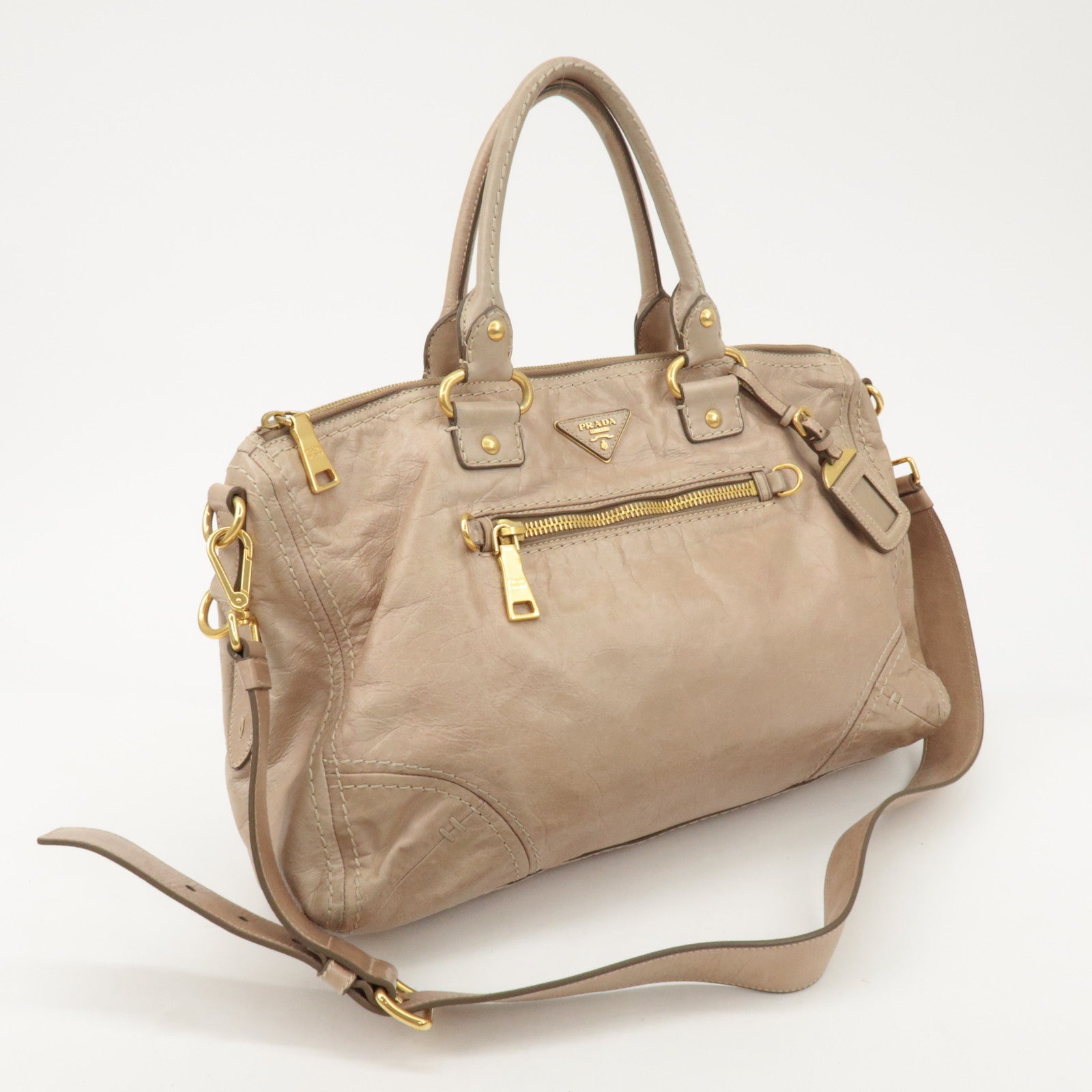PRADA Triangle Logo Leather 2Way Bag Tote Bag Shoulder Bag Beige Used