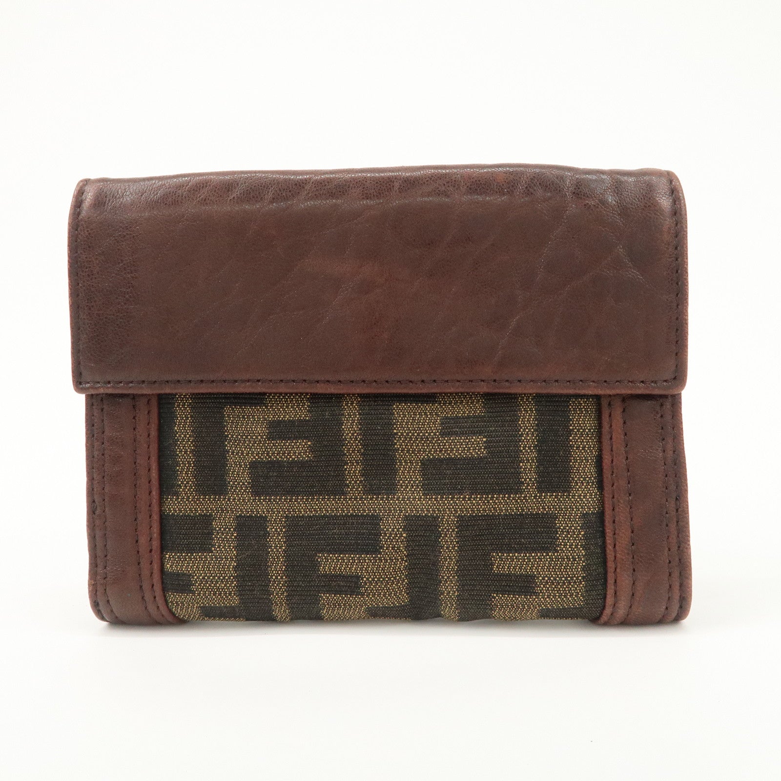 FENDI Zucca Leather Canvas W Hook Bi-fold Wallet Dark Brown 8M0160 Used
