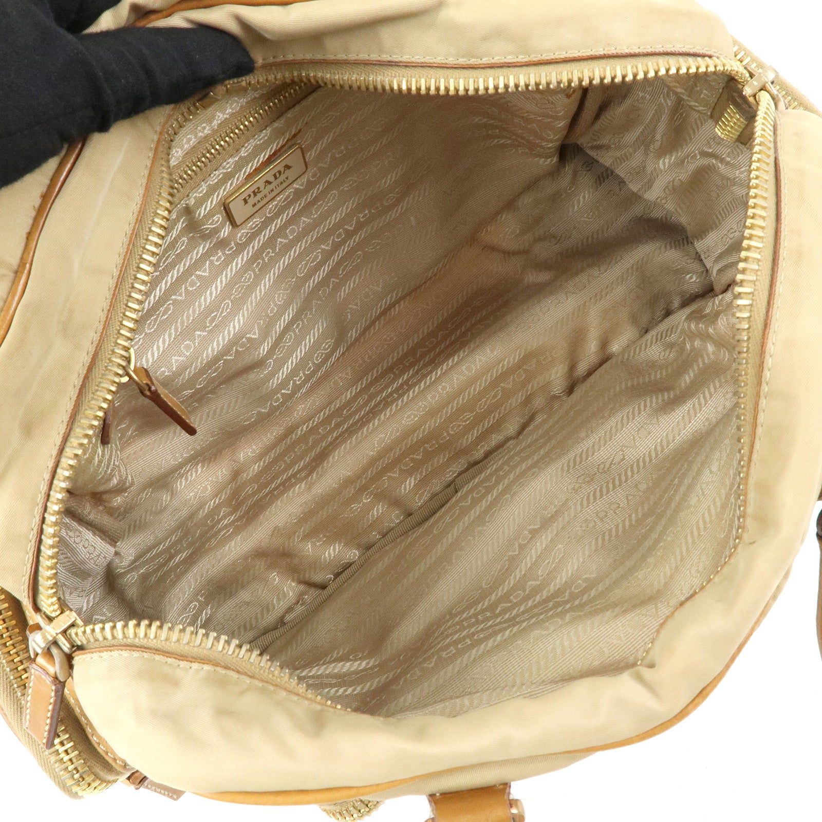 PRADA Triangle Logo Nylon Leather Shoulder Hand Bag Beige Brown