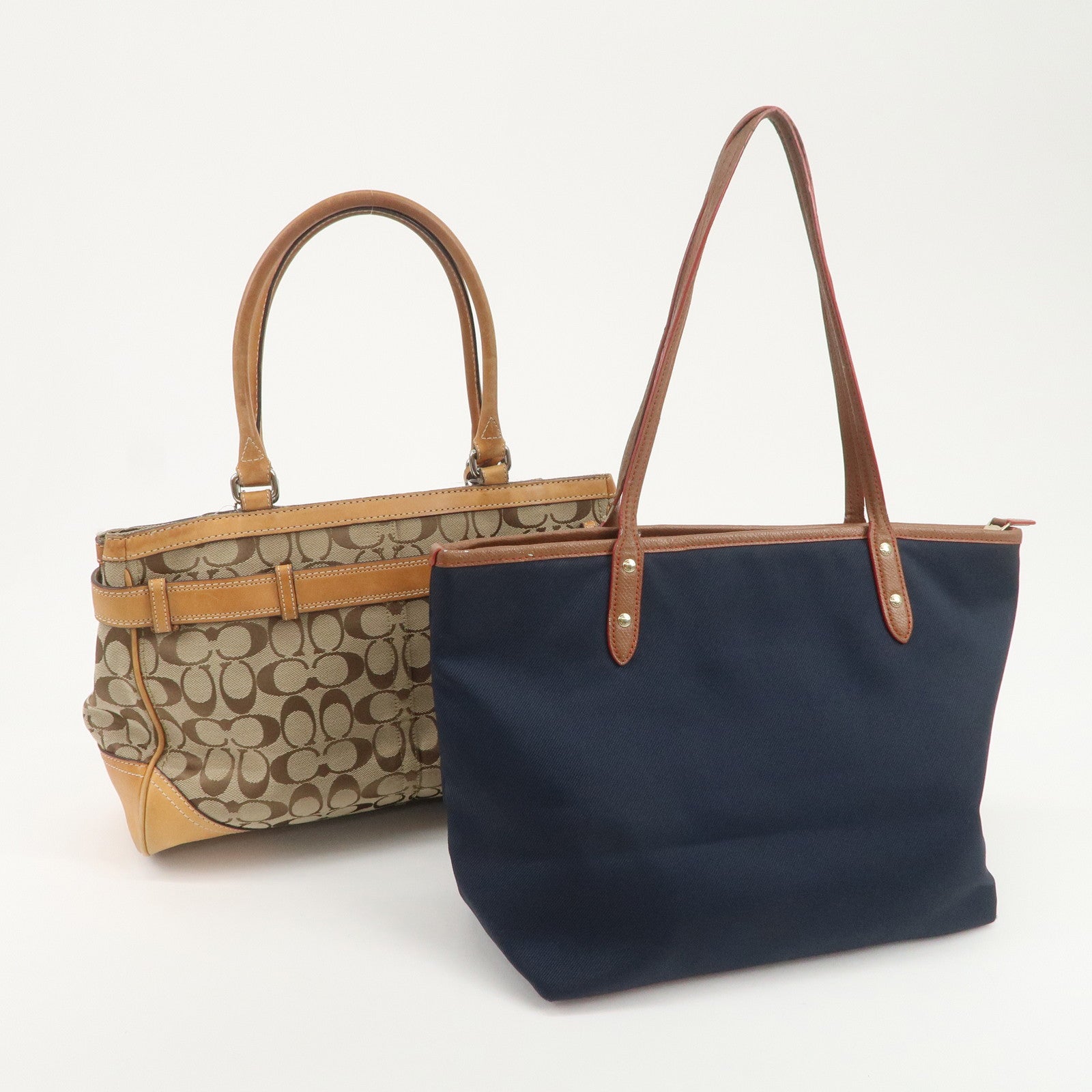 COACH Signature Set Of 2 Canvas Leather Hand Bag Brown Navy