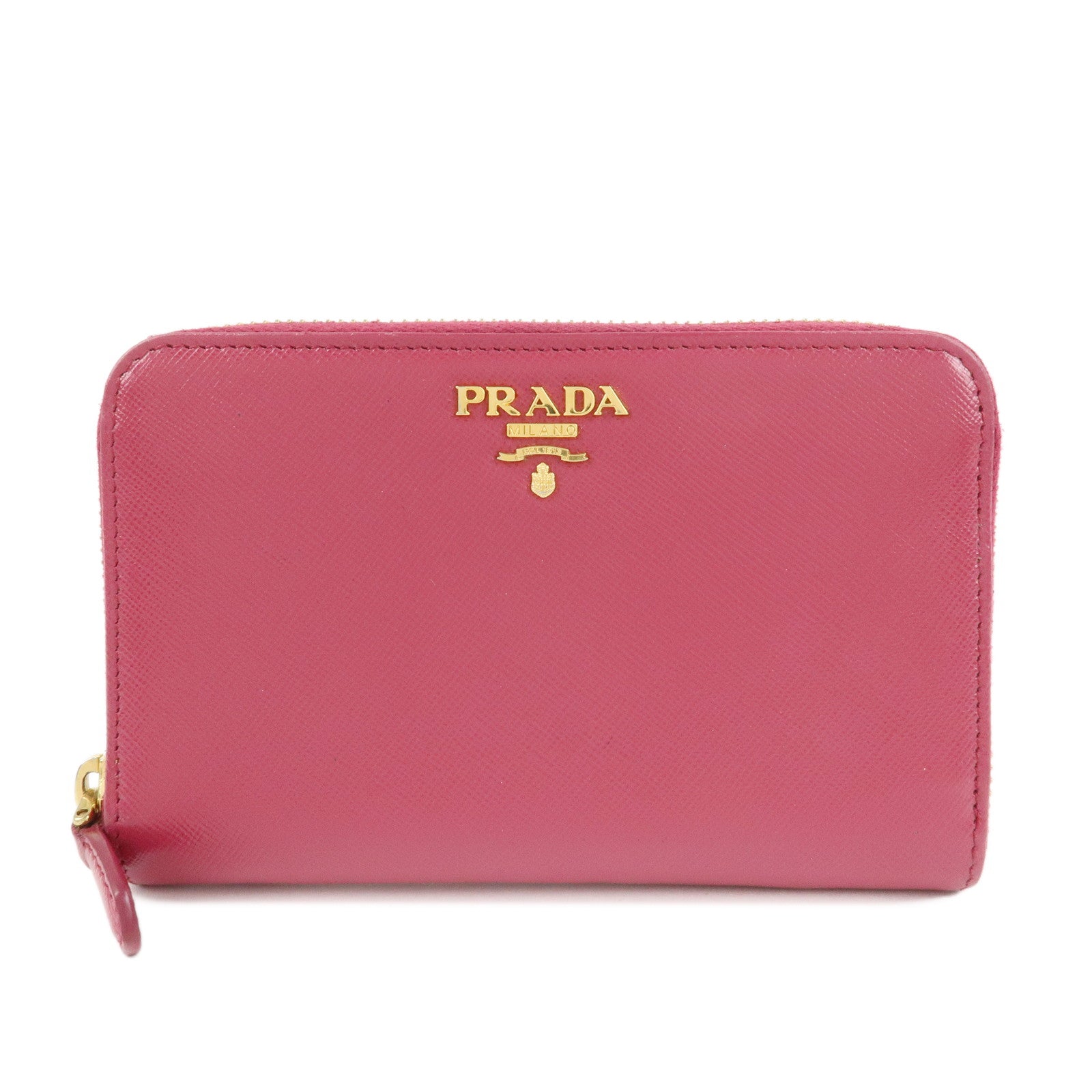 PRADA Logo Leather Round Zippy Wallet Pink Gold Hardware Used