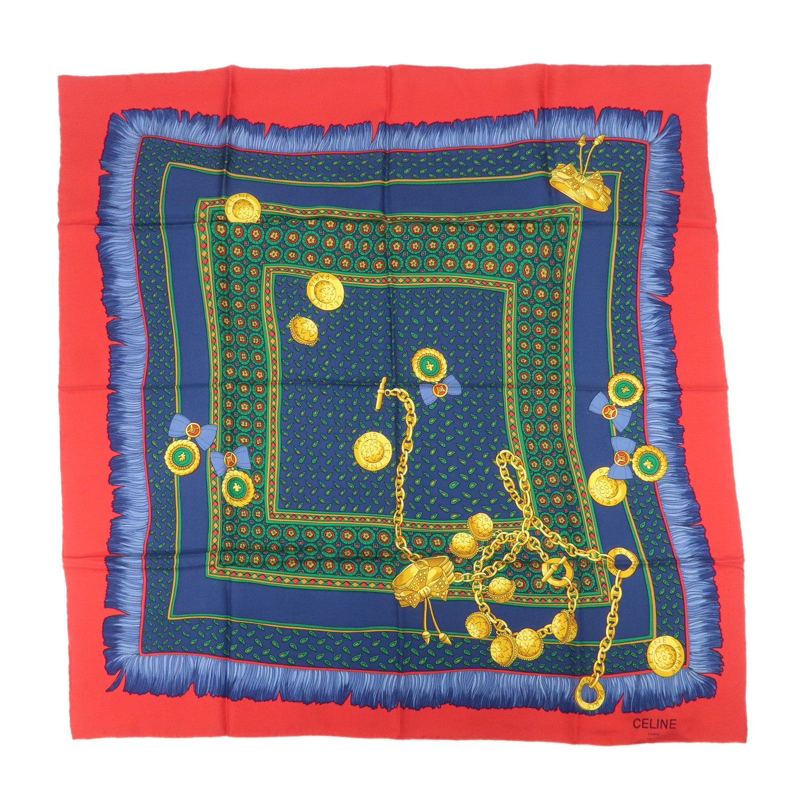 CELINE Silk 100% Scarf Red Blue Yellow Multicolor