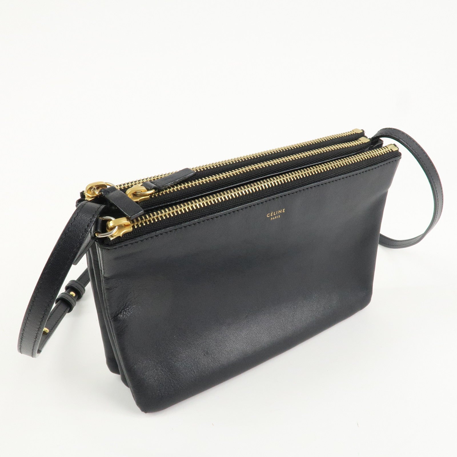 CELINE Trio Leather Shoulder Bag Black Gold Hardware Used