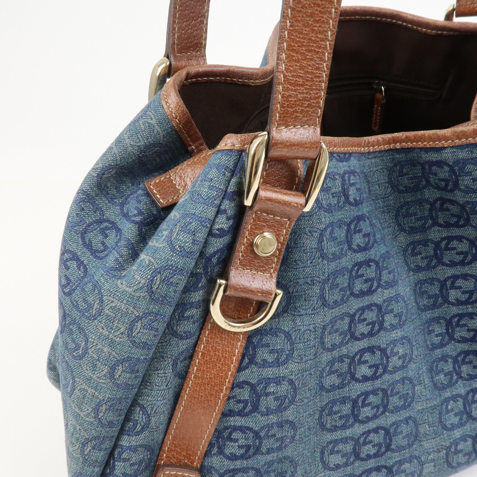 GUCCI Abbey Logo GG Denim Leather Tote Hand Bag Blue Brown 130736