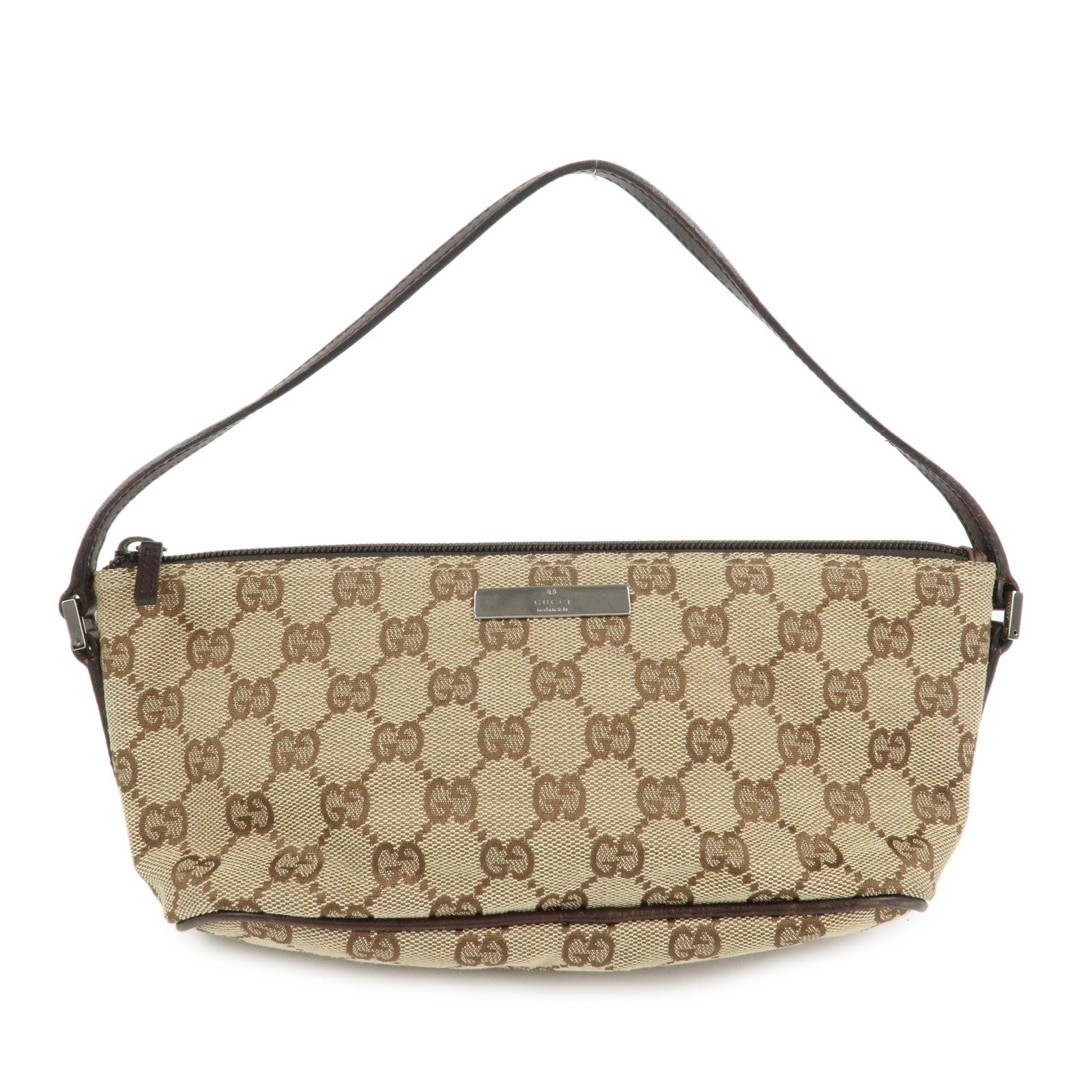 GUCCI Boat Bag GG Canvas Leather Hand Bag Pouch Beige Brown 07198