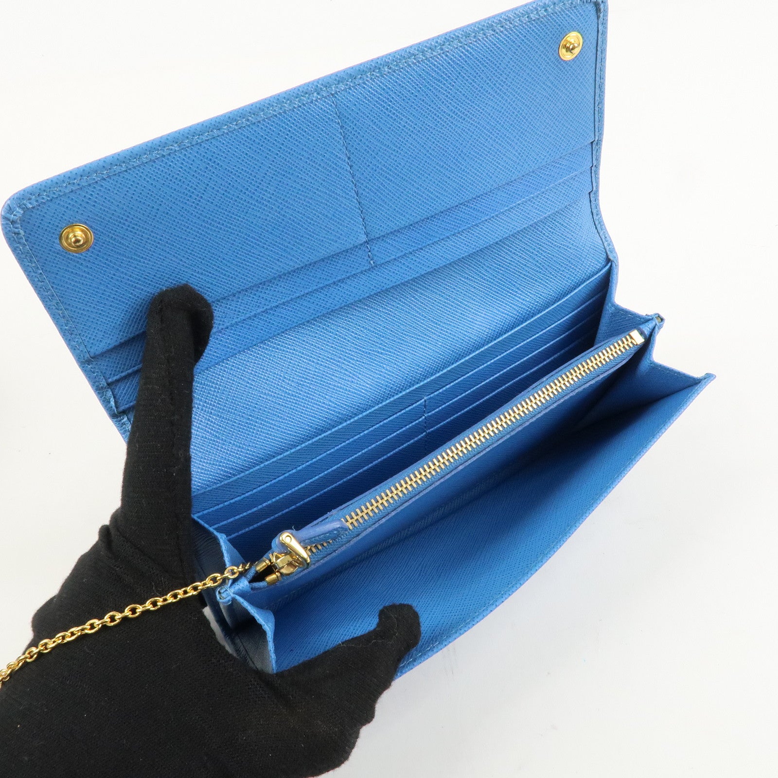 PRADA Saffiano Leather Bi-Fold Long Wallet Blue Gold HDW 1MH132 Used