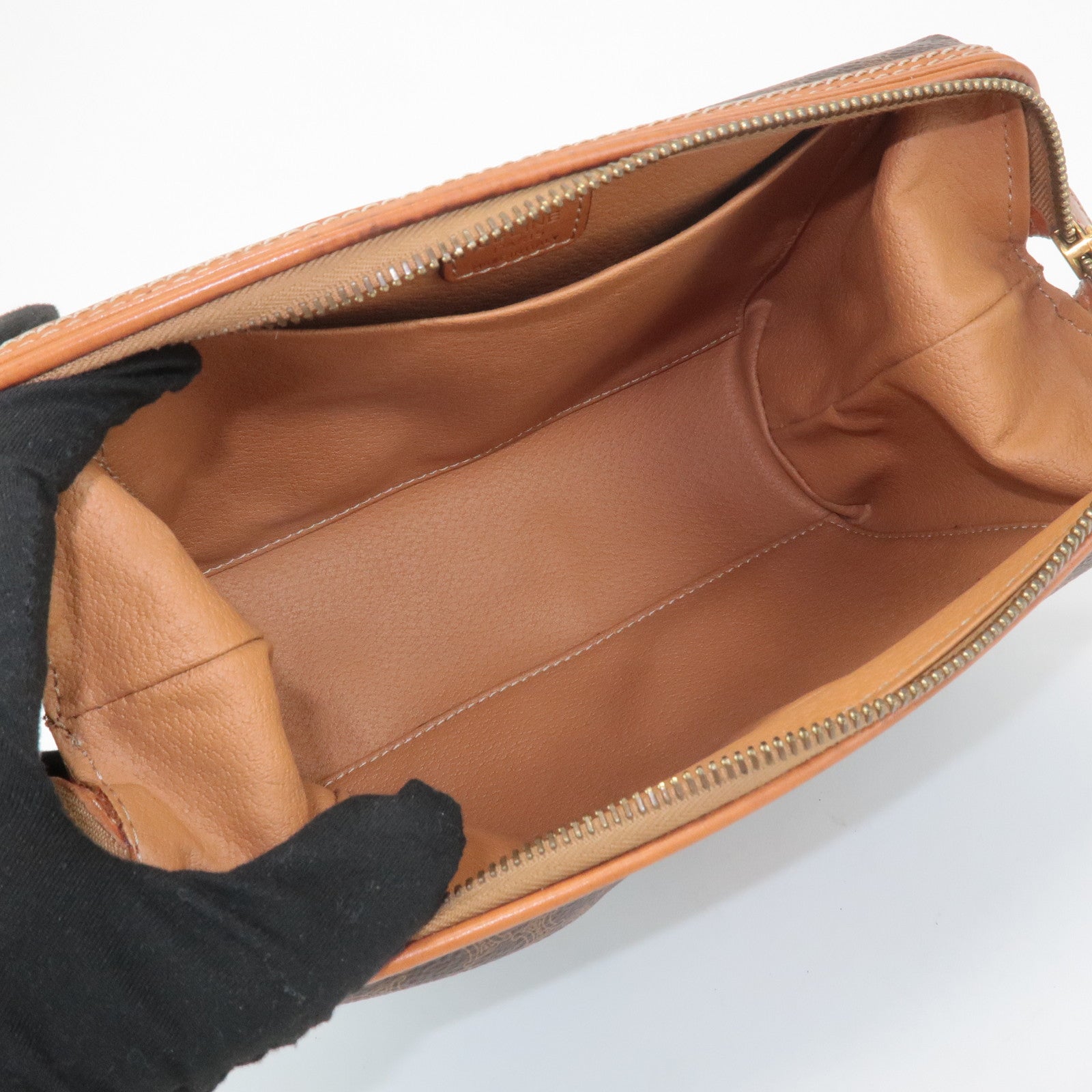 CELINE Macadam PVC Leather Canvas Pouch Brown Gold Hardware