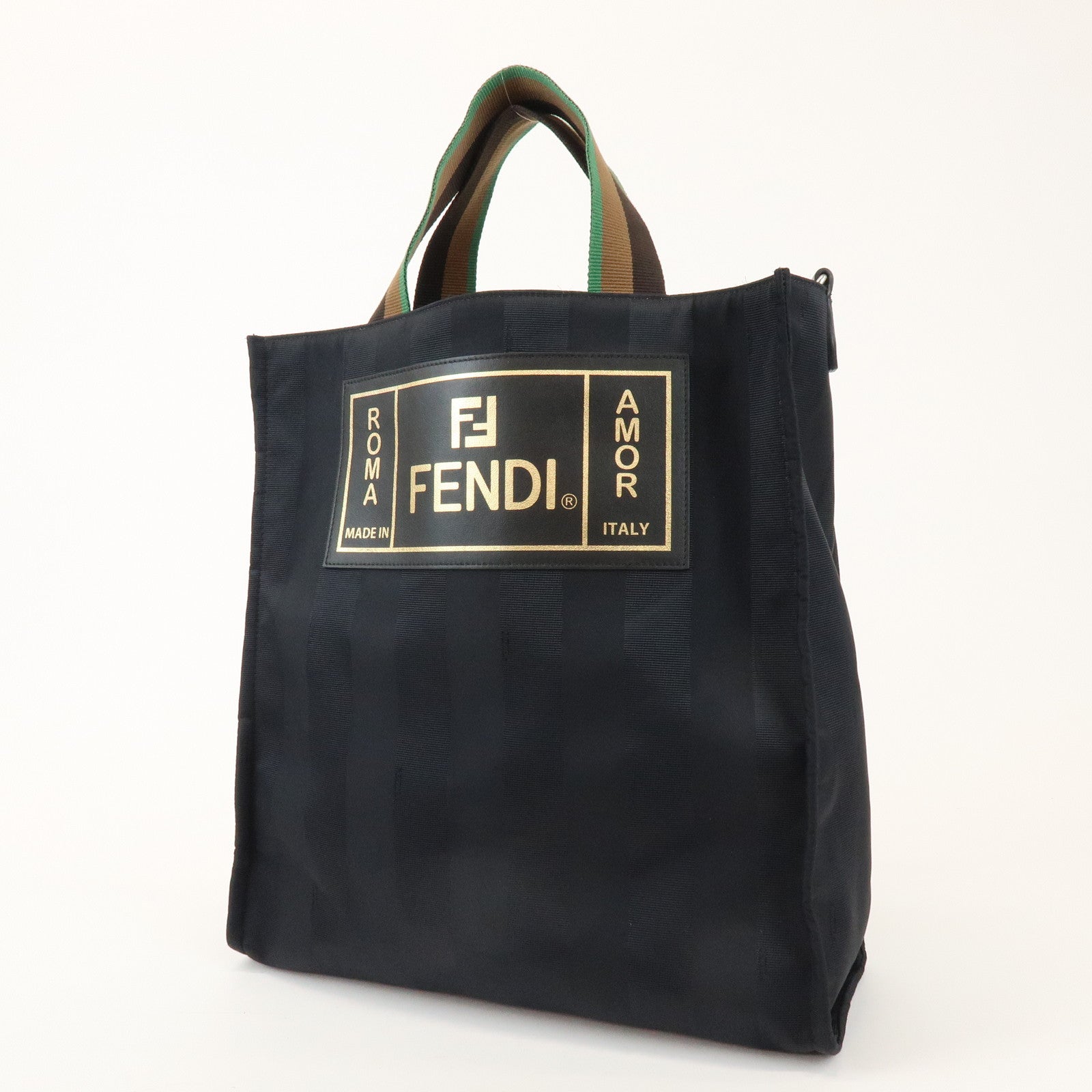 FENDI Pequin Nylon Leather Tote Bag Hand Bag Black 7VA454
