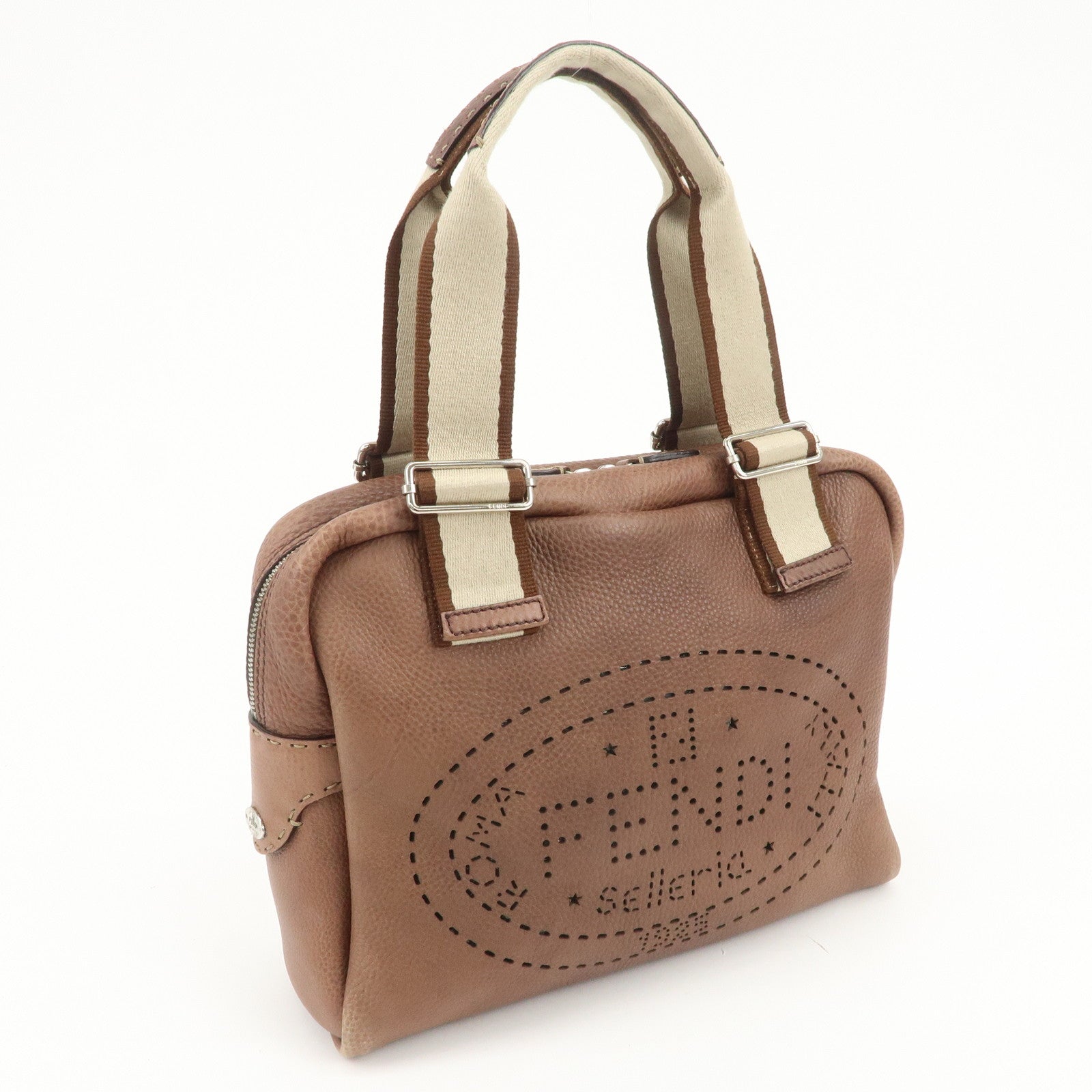 FENDI Selleria Leather Canvas Hand Bag Shoulder Bag Brown 8BL093