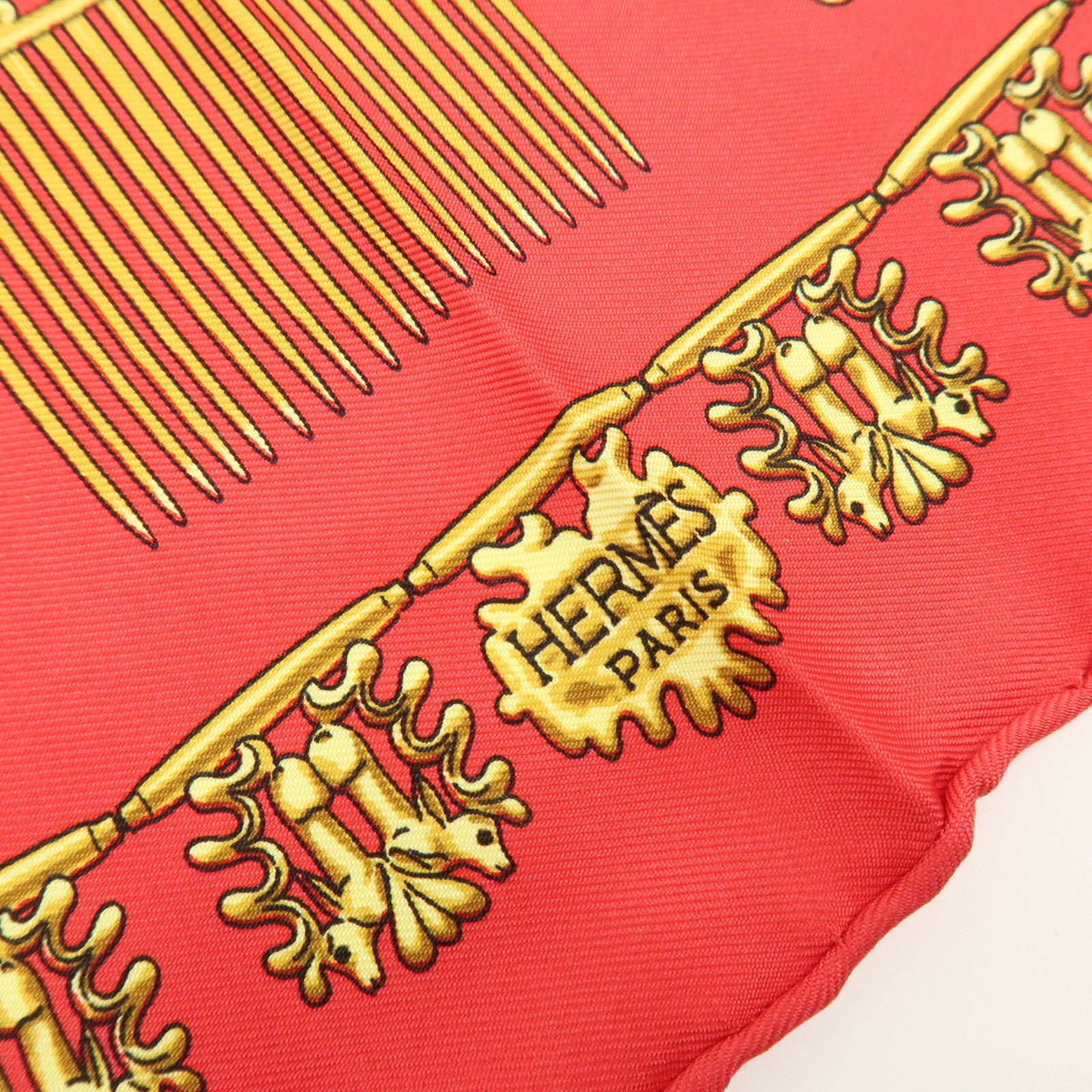 HERMES Carre 40 Silk Scarf LES CAVALIERS D'OR Knight Motif Red Gold
