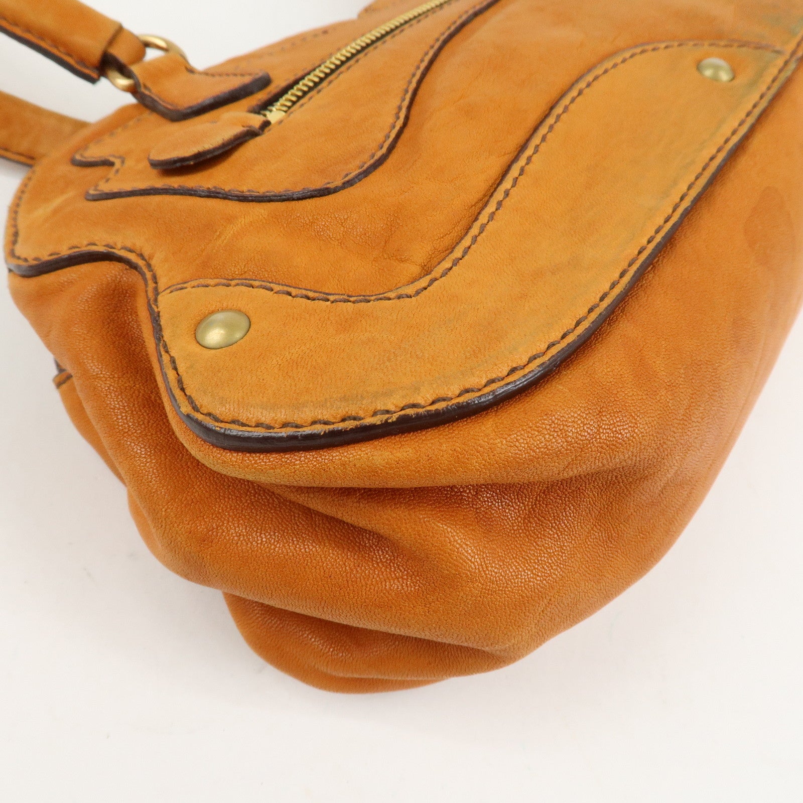 MIUMIU Logo Leather Shoulder Bag Boston Bag Hand Bag Gold HDW Brown Used