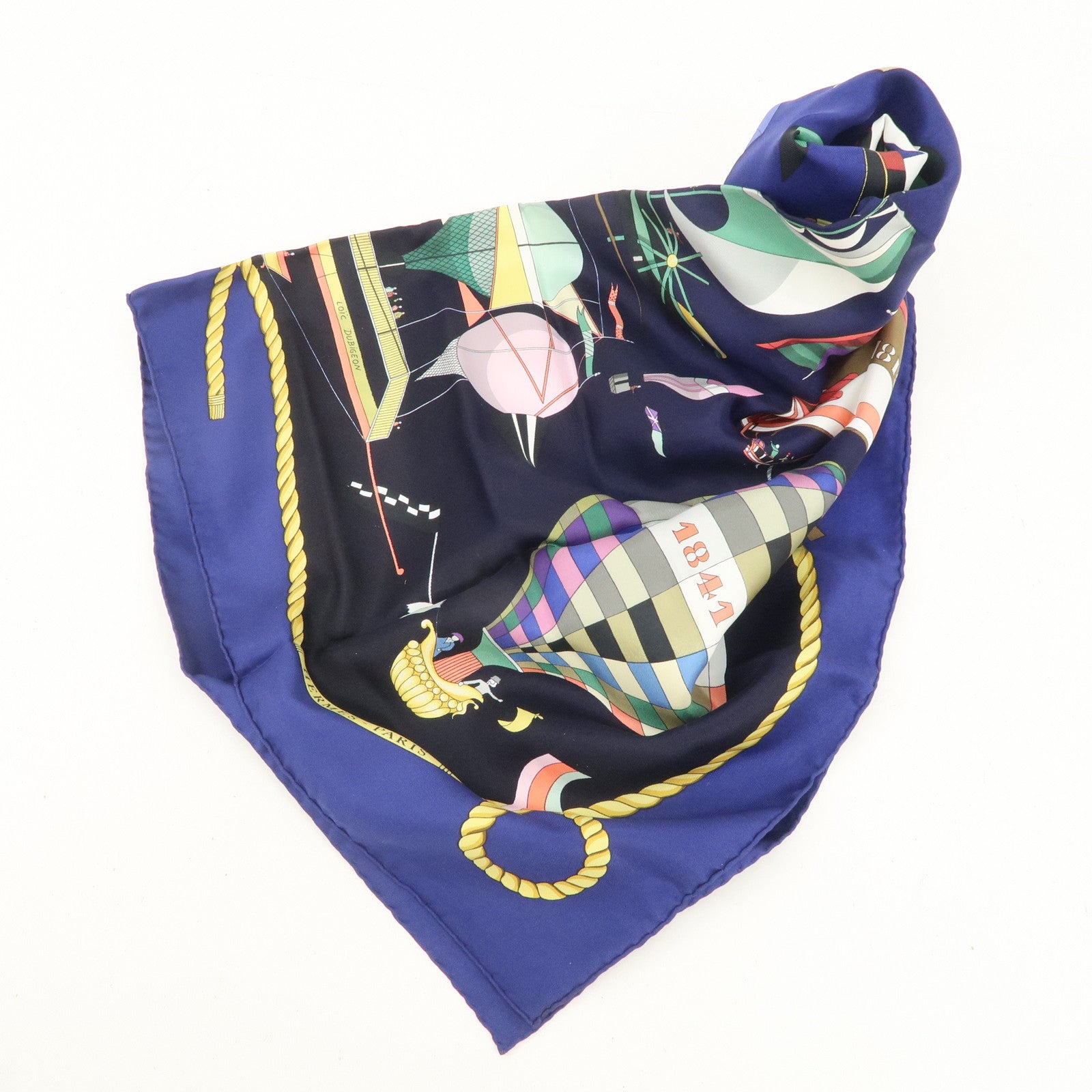 HERMES Carre 90 Silk 100% Scarf LES FOLIES DU CIEL Black Navy Multicolo Used