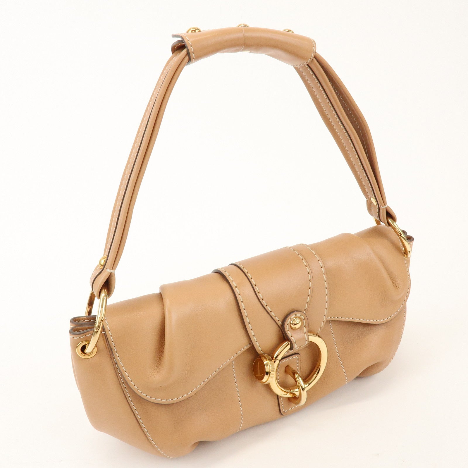 TOD'S Leather Hand Bag Shoulder Bag Circle Lock Light Brown