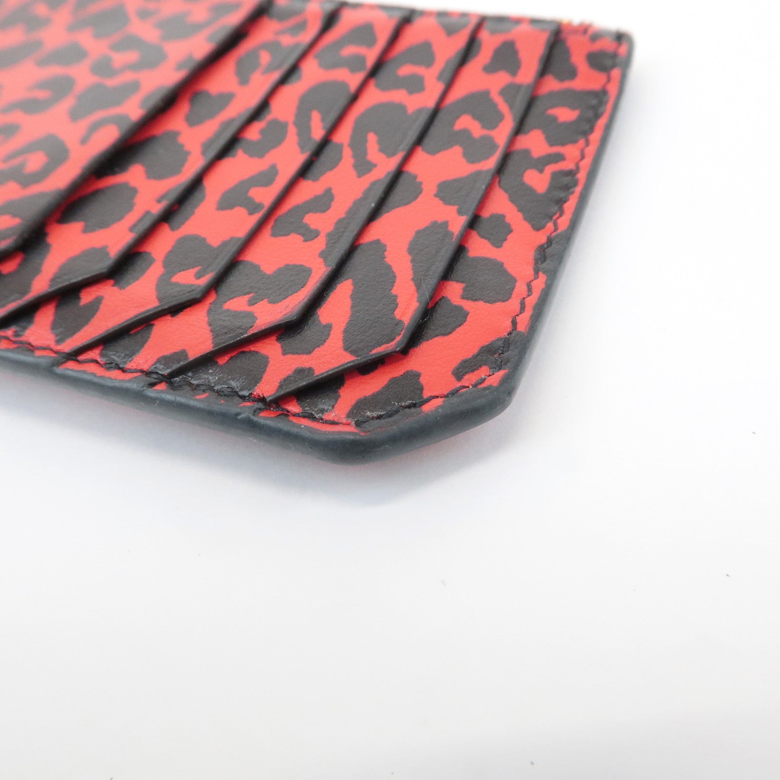 Saint Lauren Leather Animal Leopard Coin Case Card Case Black Red Used