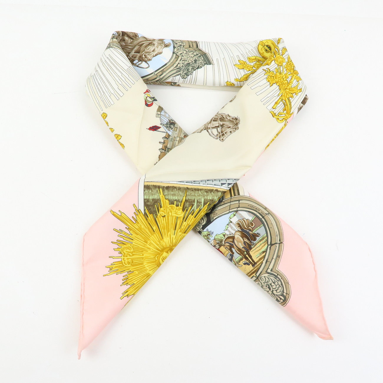 HERMES Carre 90 Silk 100% Scarf SANSSOUCY Pink White