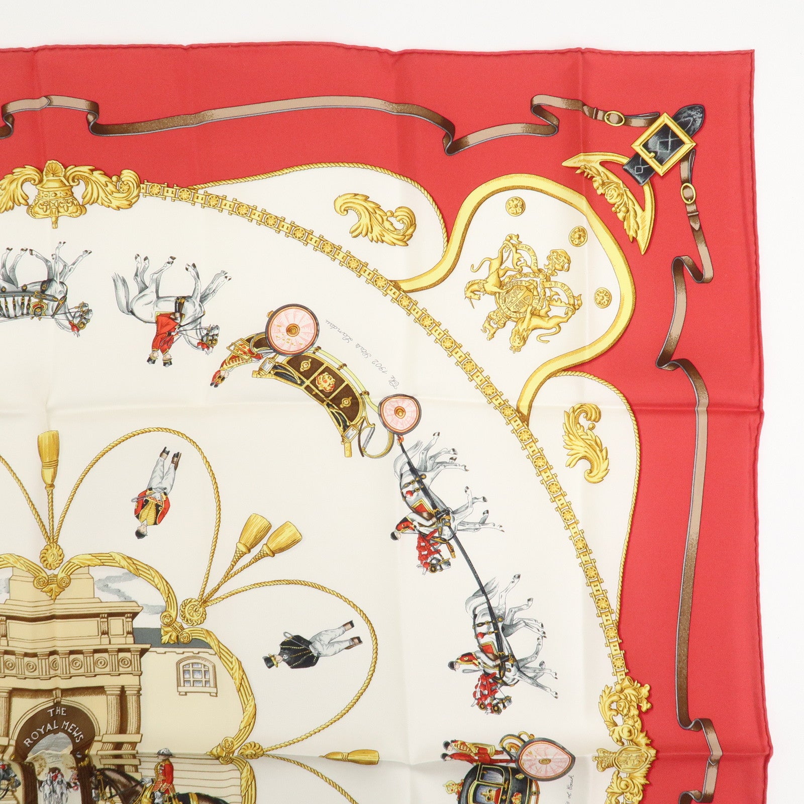 HERMES Carre 90 Silk 100% THE ROYAL MEWS Scarf Red White