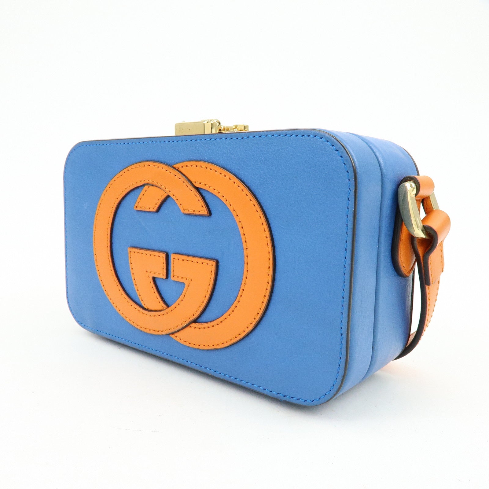GUCCI Logo Interlocking G Leather Shoulder Bag Blue Orange 658230