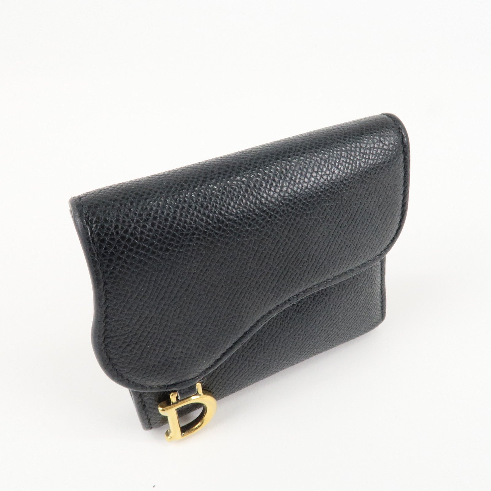 Christian Dior Saddle Leather Compact Wallet Black Gold Hardware Used